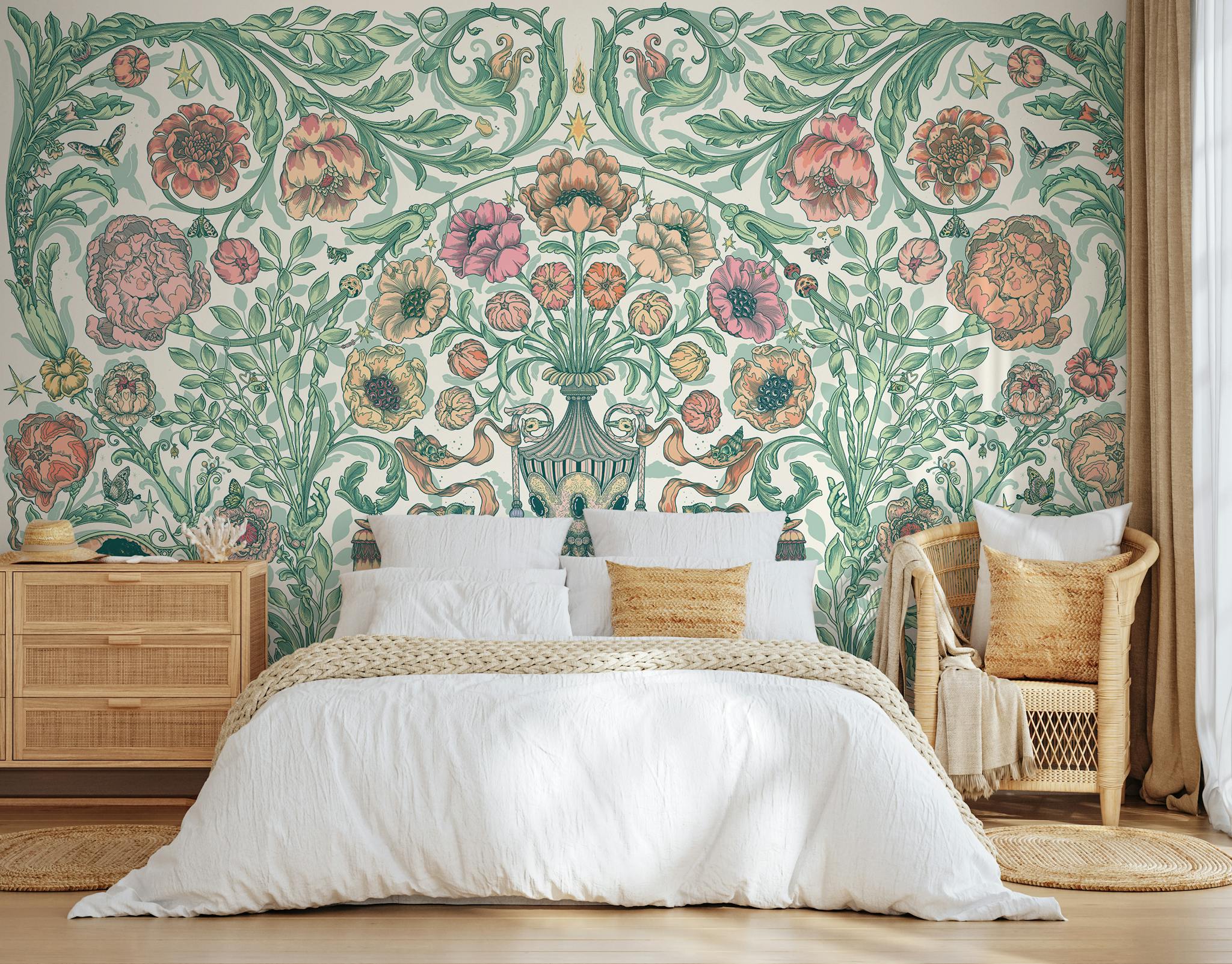La fresque papier peint "le jardin merveilleux" sur le mur d'une chambre