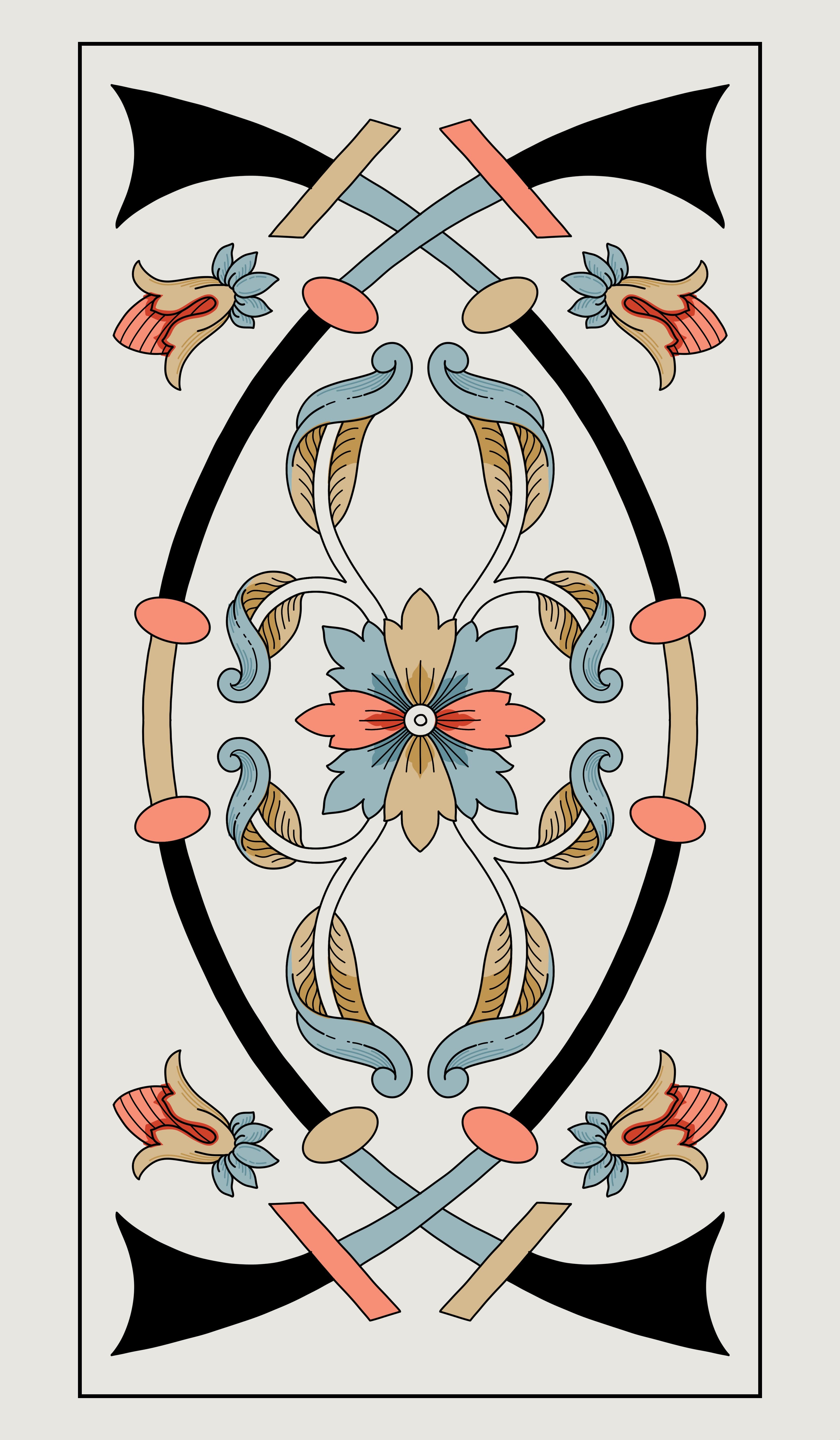 Illustration de tarot façon gravure représentant deux épées courbées se croisant, entourées d'ornements botaniques.