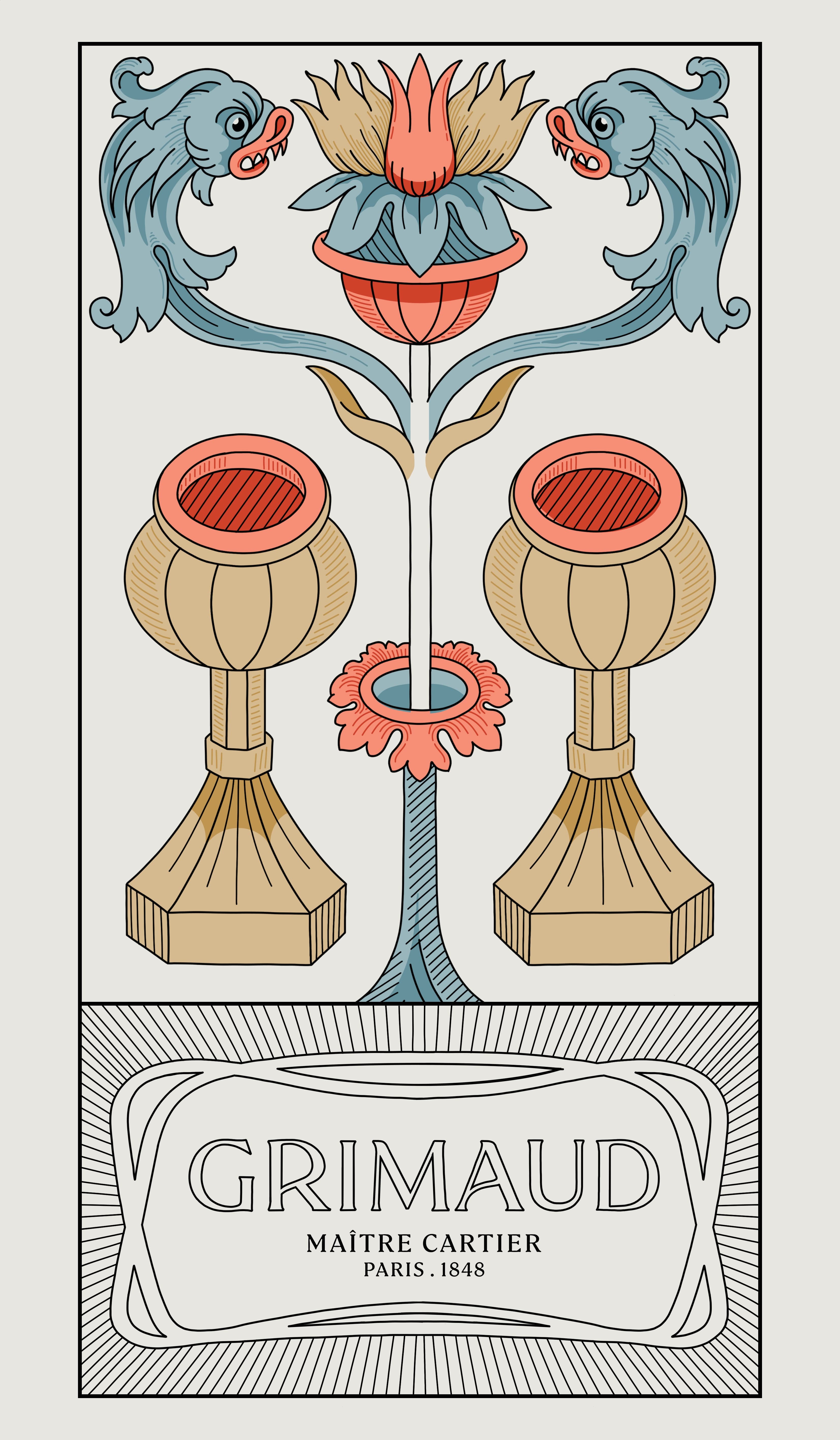 Illustration de tarot symétrique représentant deux calices décoratifs reliés par une vigne centrale en fleurs.