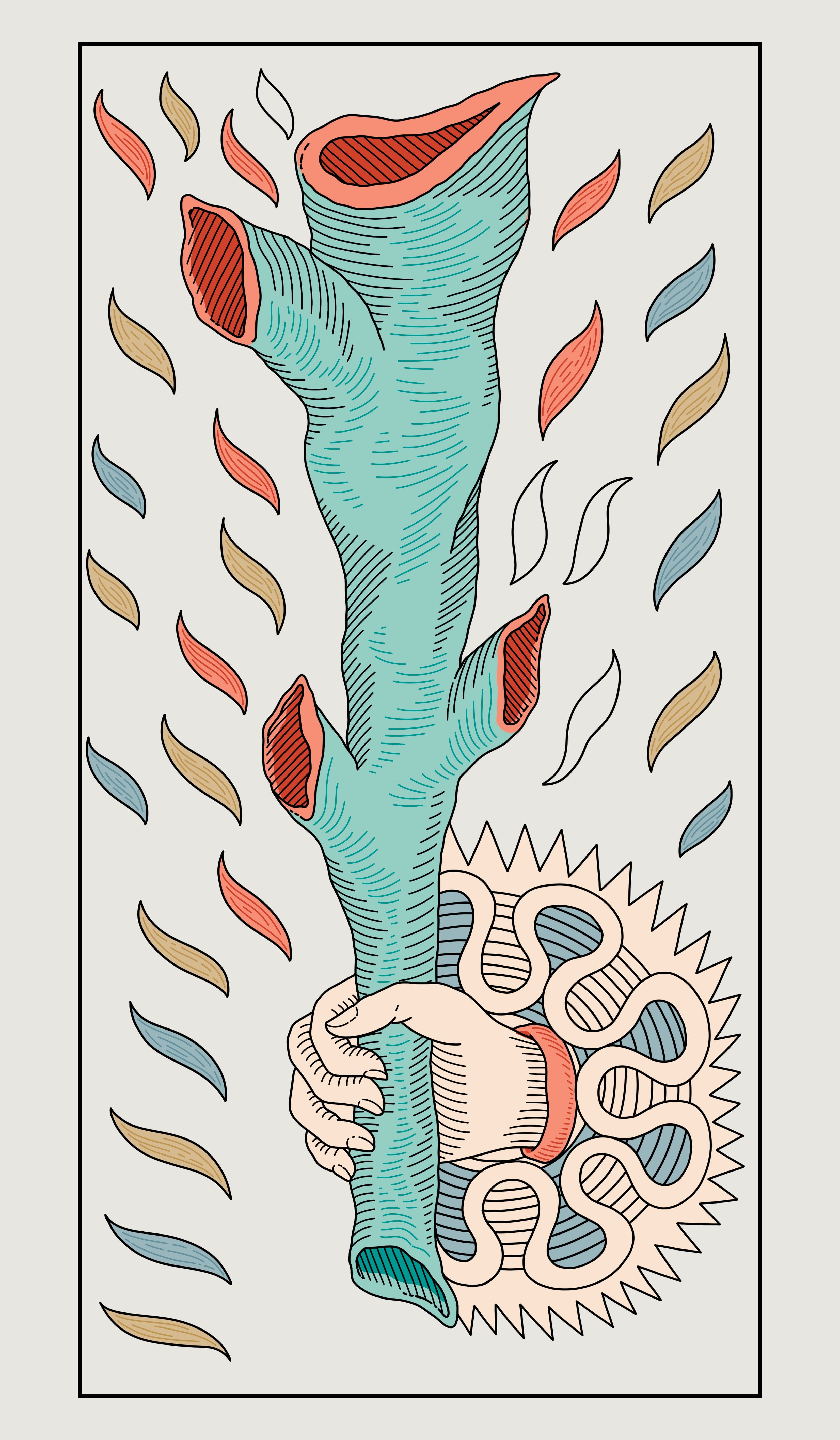 Illustration de carte de tarot représentant un bâton décoratif entouré de petits motifs de feuilles flottantes.