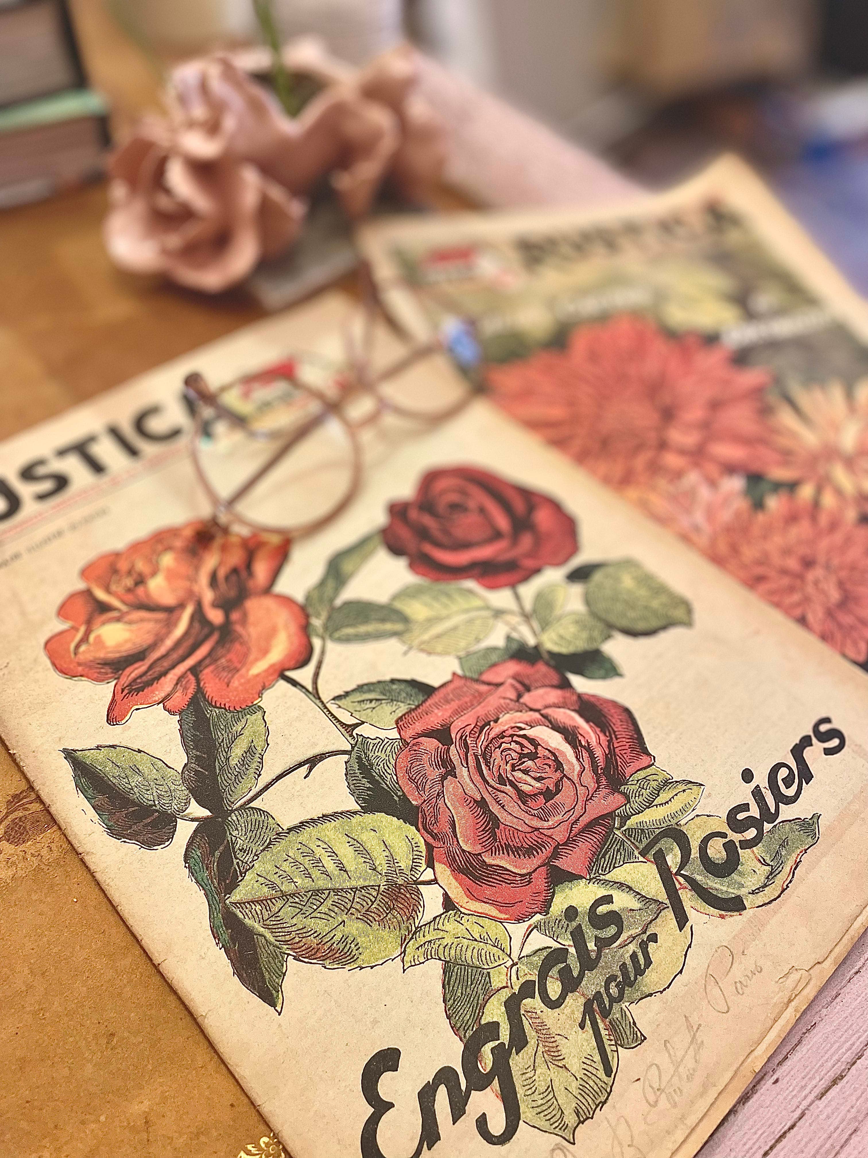 Détail de bureau avec lunettes posées sur un ouvrage botanique, ambiance studieuse