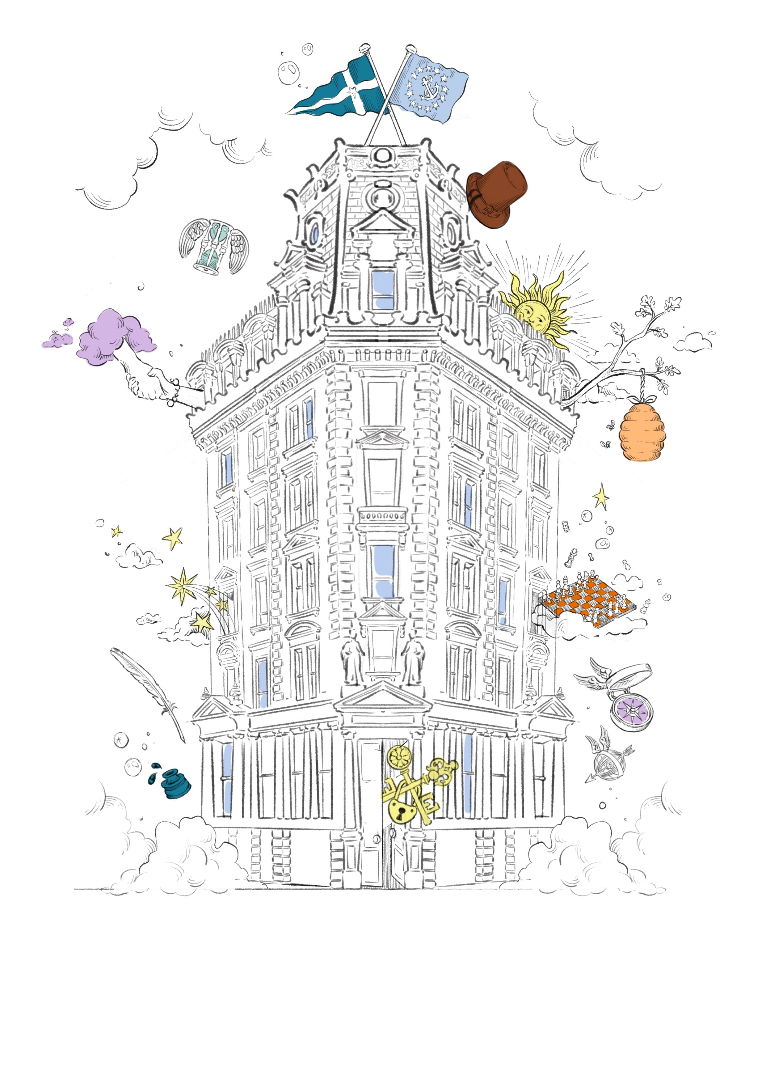 Esquisse au crayon d'un extérieur de bâtiment avec un mât bien visible sur le toit et des détails structurels.