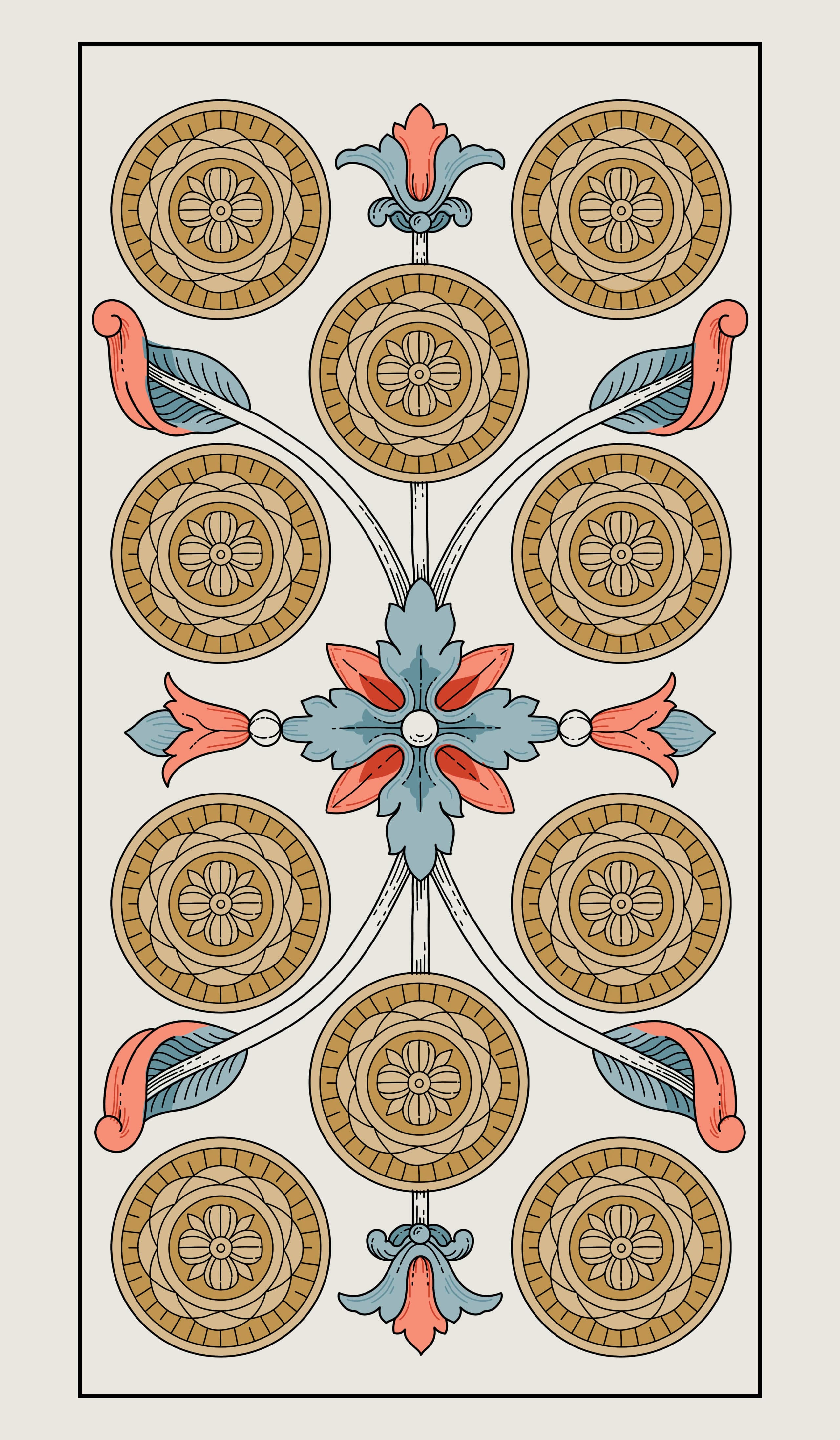 Illustration au trait de la carte du Dix de Deniers avec ornements floraux symétriques entourant dix disques dorés.