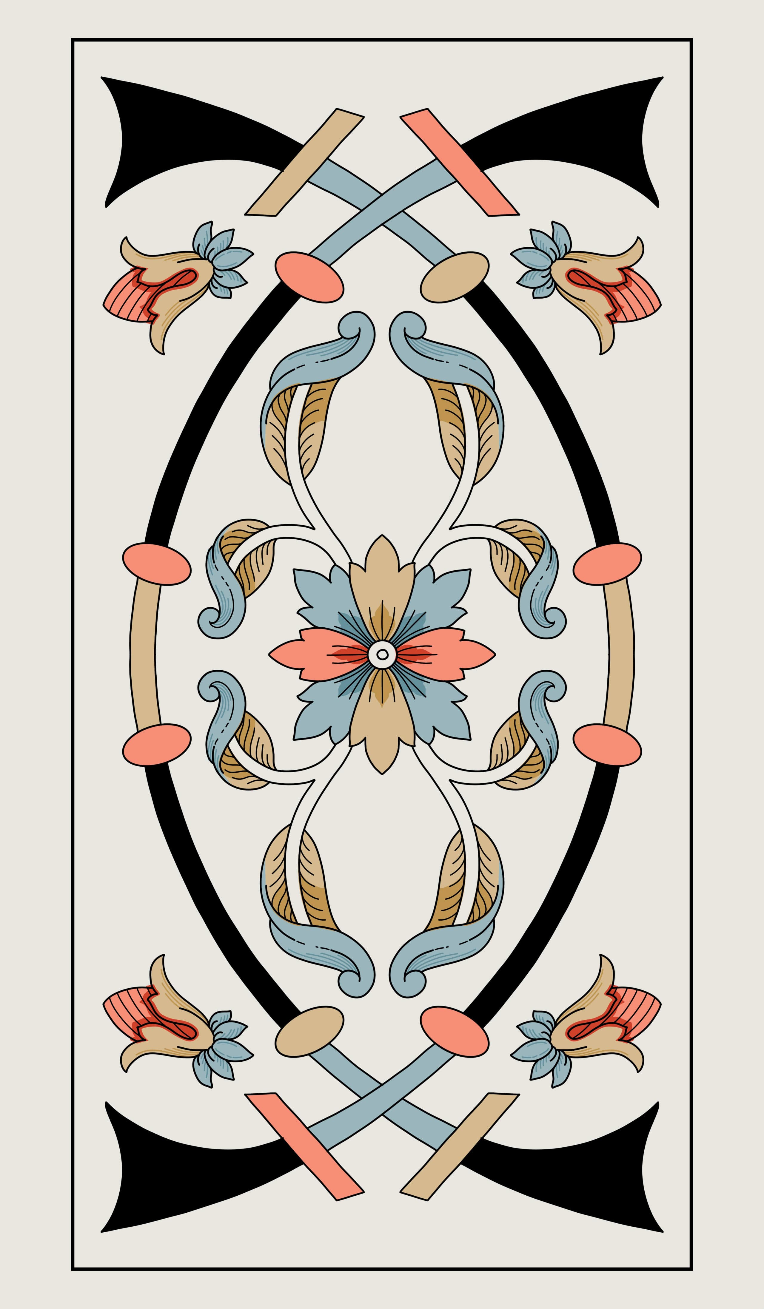 Illustration de tarot façon gravure représentant deux épées courbées se croisant, entourées d'ornements botaniques.