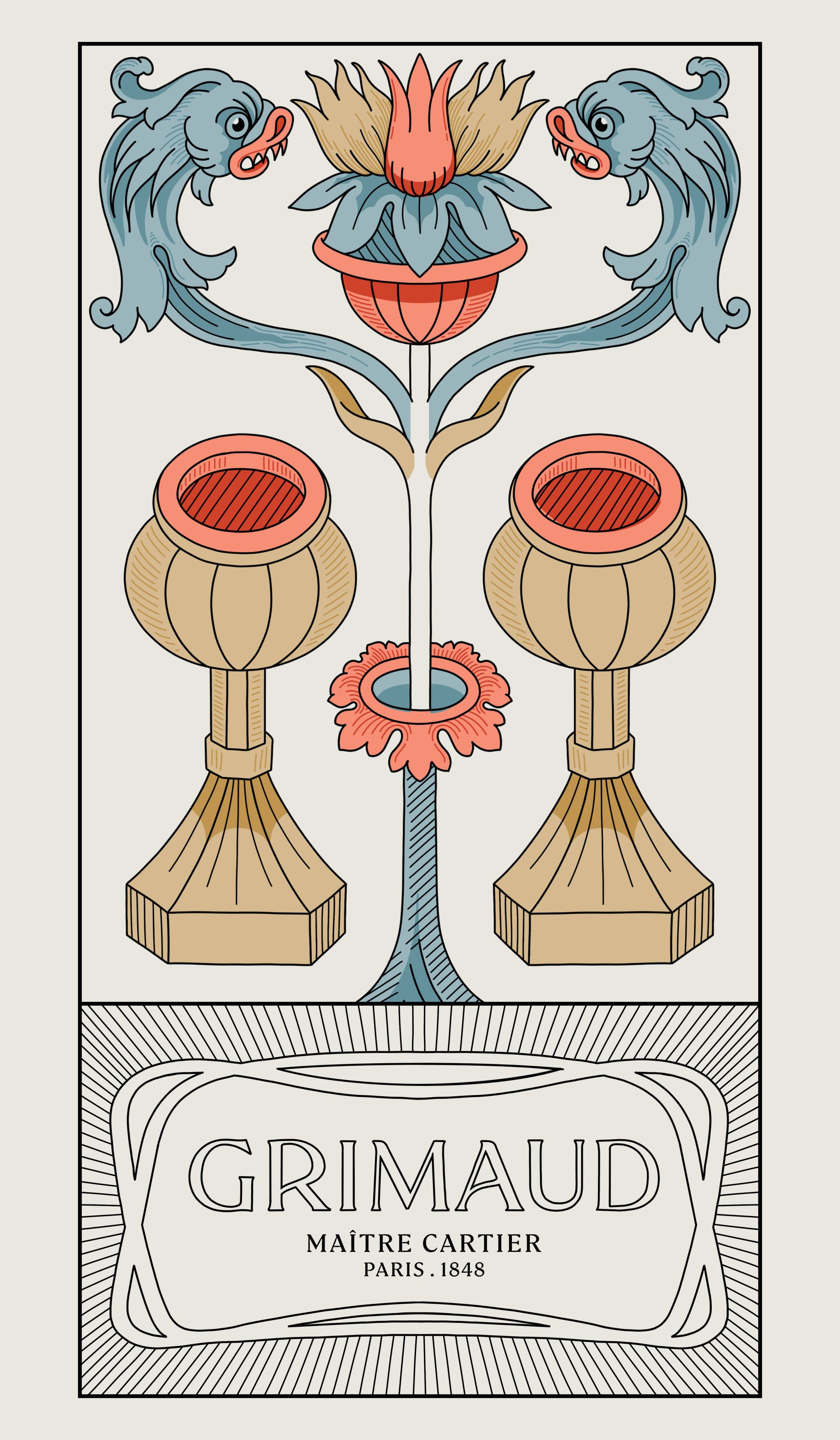 Illustration de tarot symétrique représentant deux calices décoratifs reliés par une vigne centrale en fleurs.