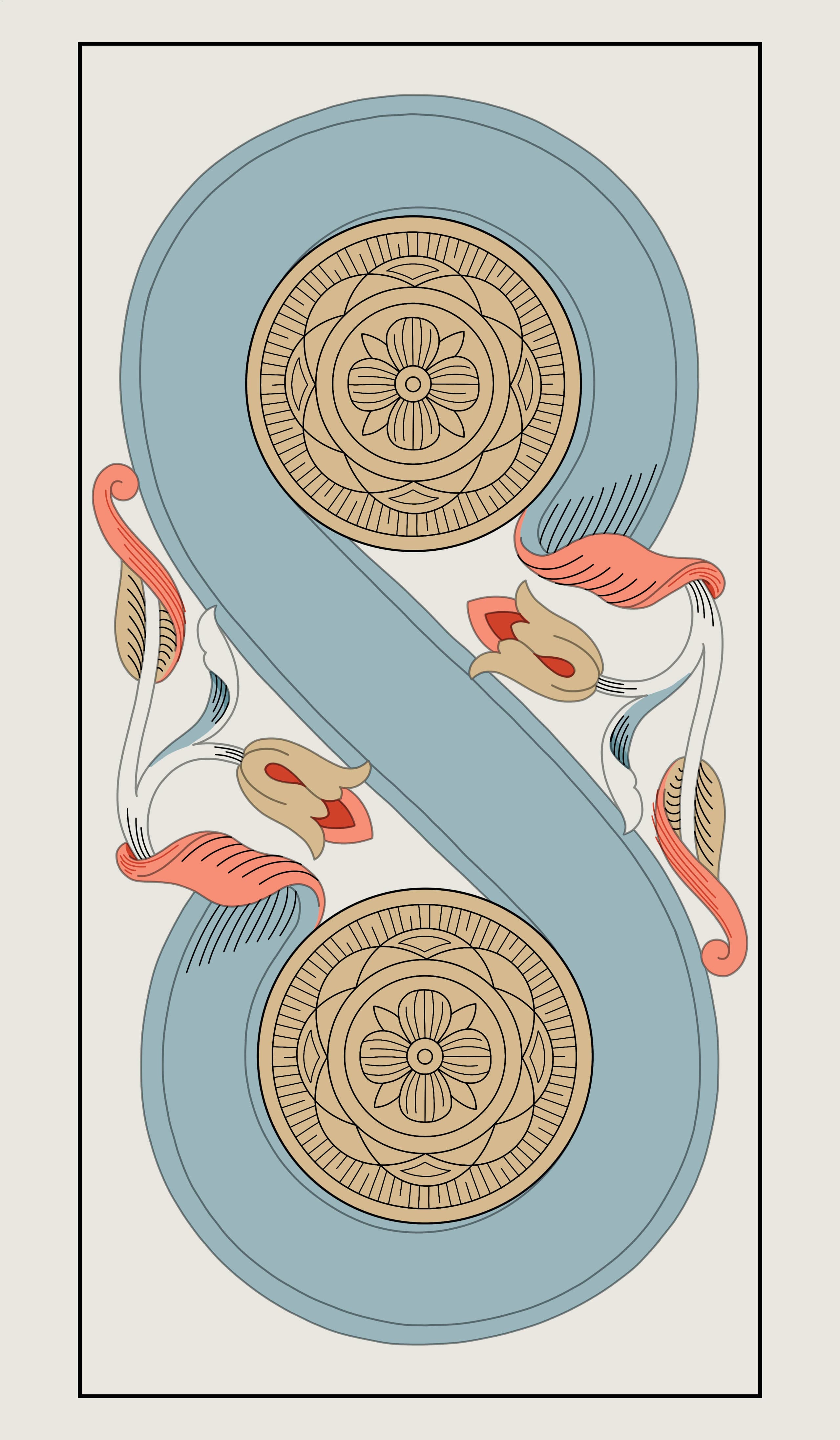 Illustration d'une carte de tarot représentant deux pièces reliées par un ruban ondulant, avec feuilles et fleurs ornementales.