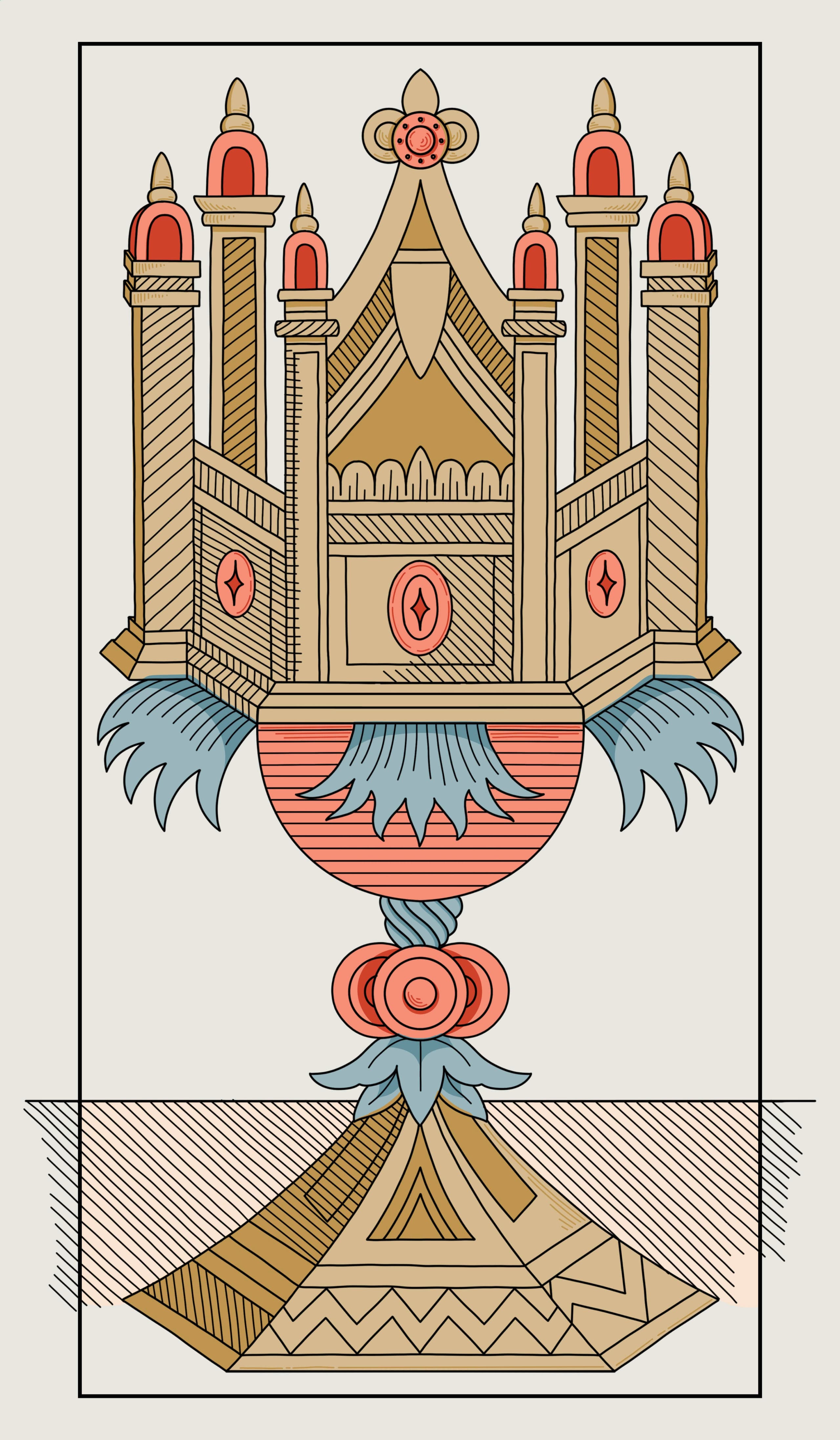 Illustration symétrique de carte de tarot représentant un grand calice ornemental orné d'éléments architecturaux et floraux.