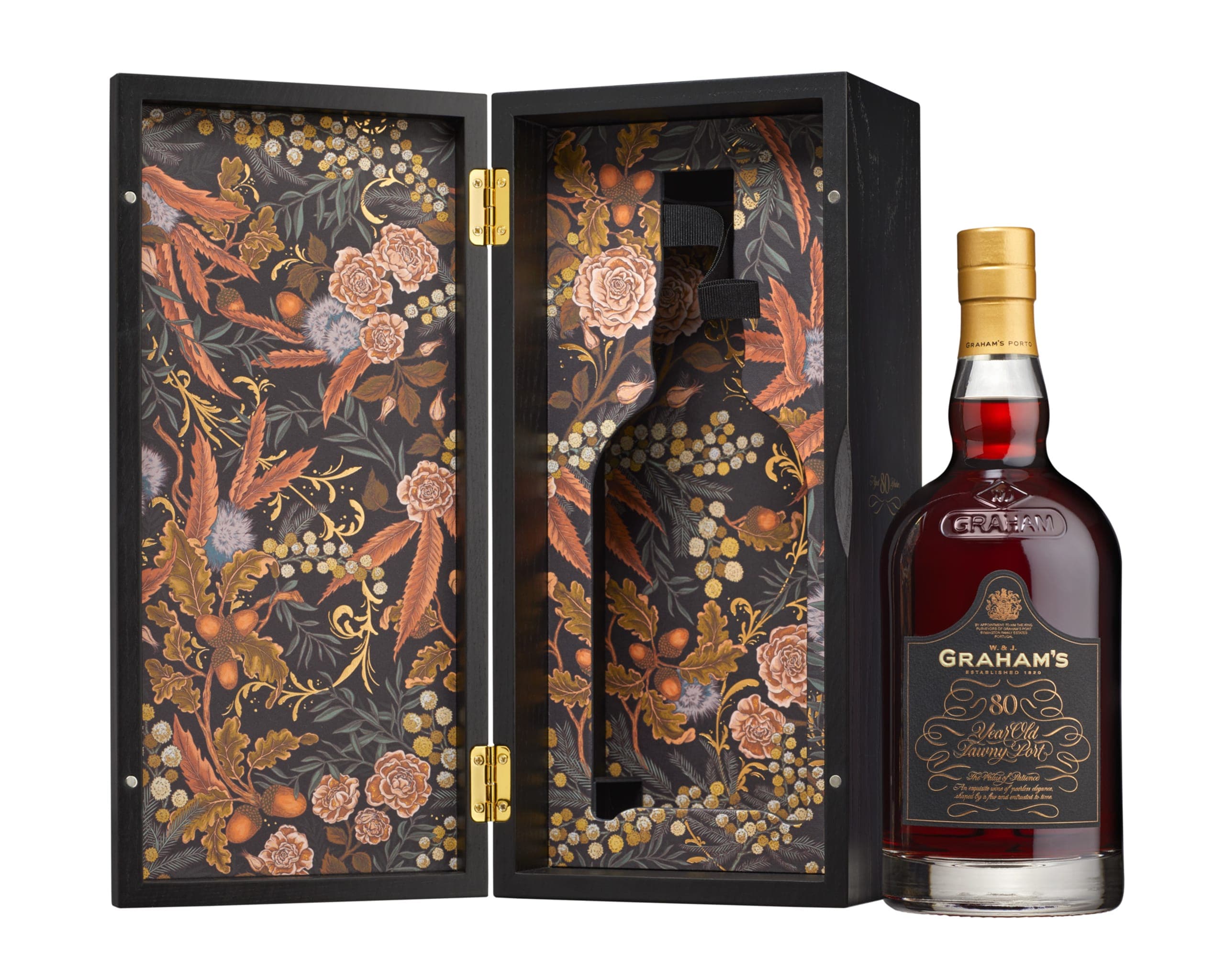 packshot de la bouteille Graham's 80YO Port avec coffret en bois illustré