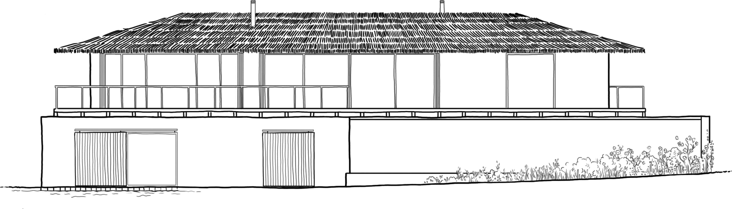 Dessin au trait noir et blanc d'une façade de maison traditionnelle à deux étages avec détails de fenêtres.