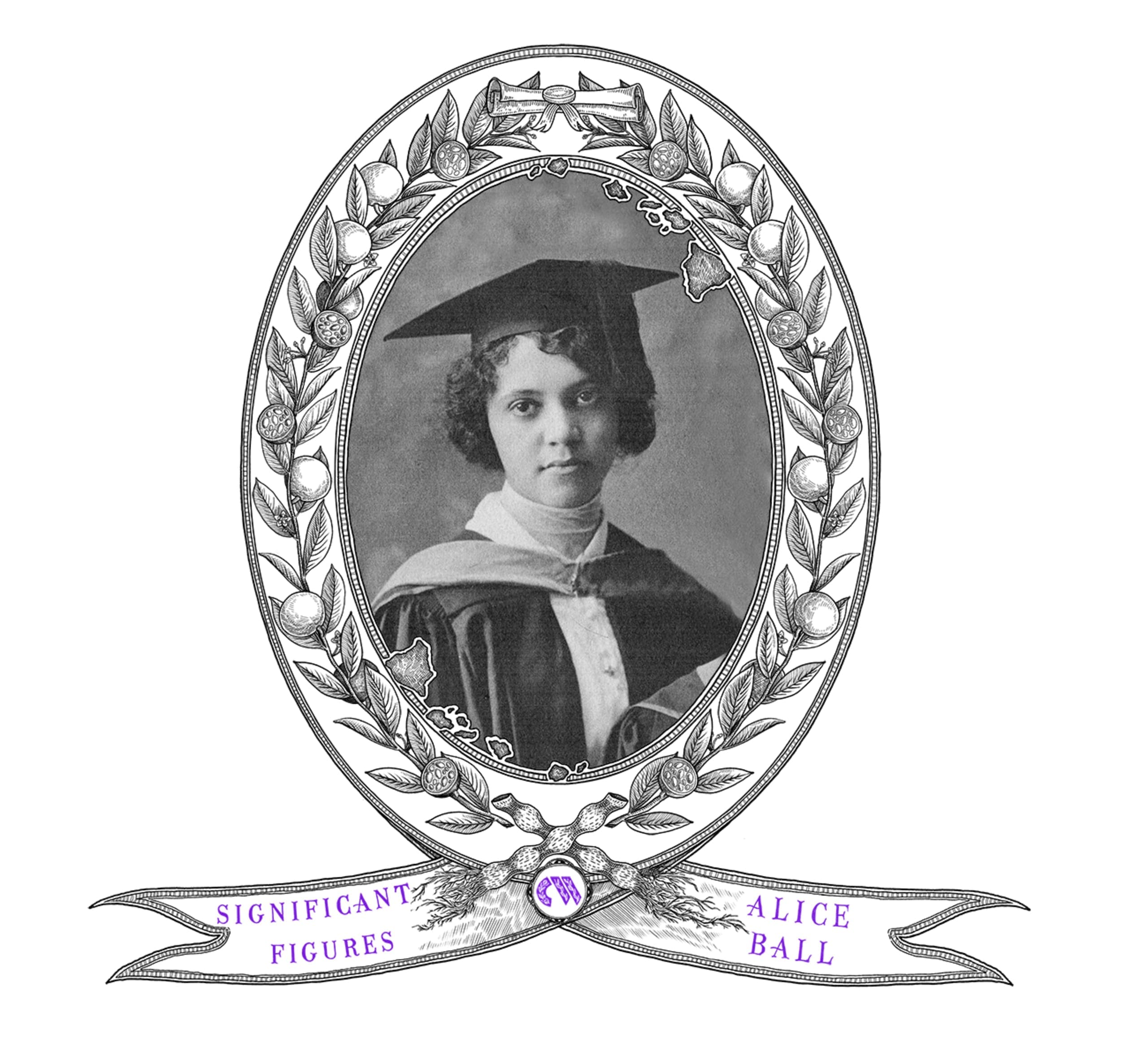 Portrait illustré d'Alice Ball portant une toge de diplômée, rendu avec un trait détaillé et un ombrage délicat.