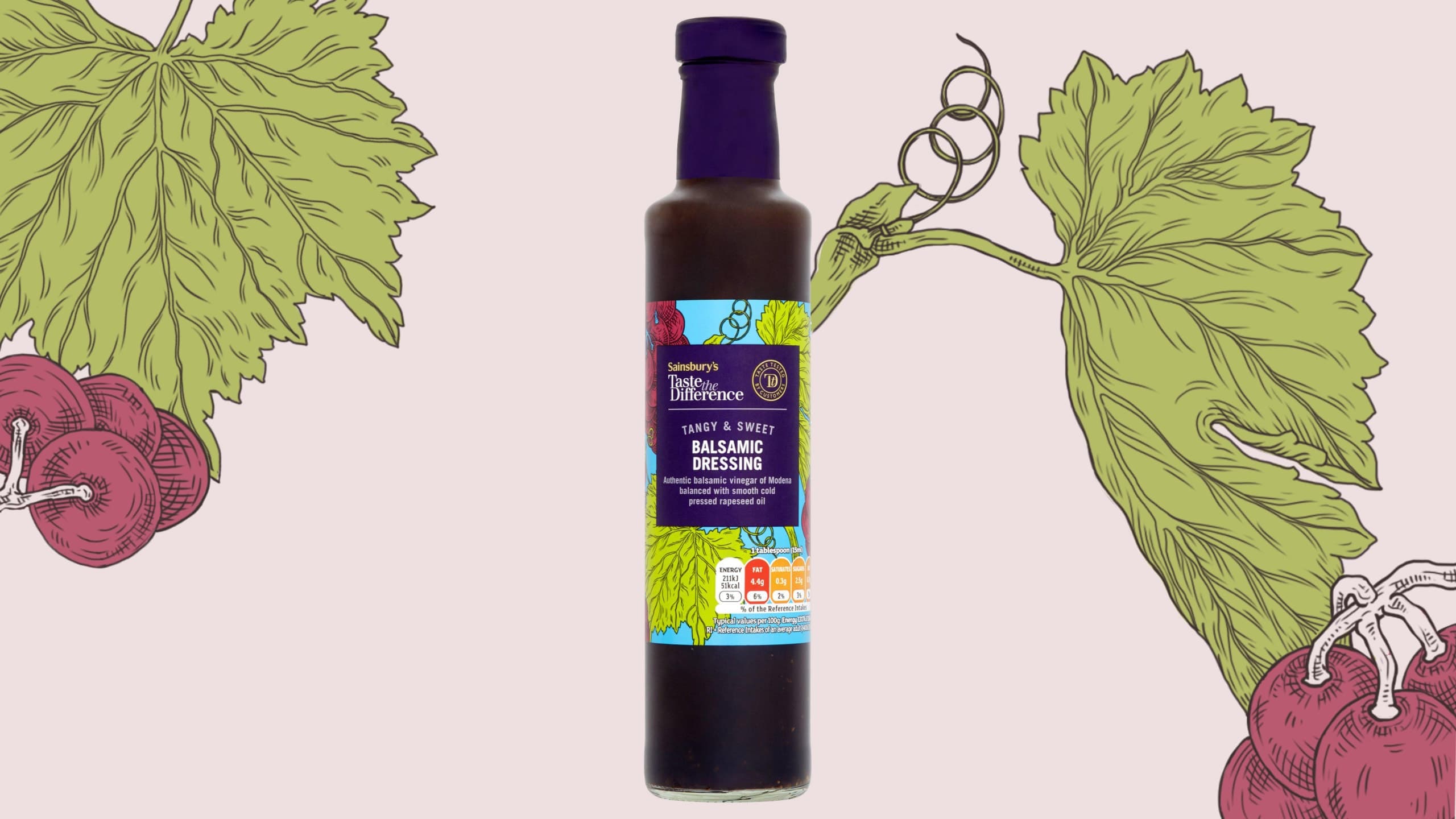 Étiquette de vinaigre illustrée avec une grappe de raisin détaillée, des feuilles de vigne et des vrilles enroulées sur papier.