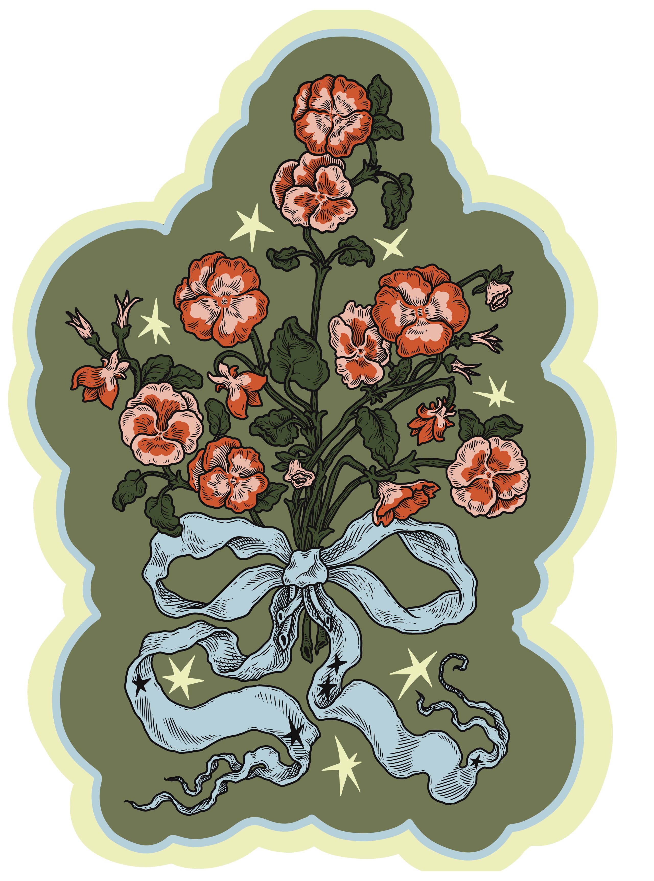Dessin au trait délicat d'un bouquet de fleurs de pensées rassemblées et nouées par un ruban décoratif ondulant.