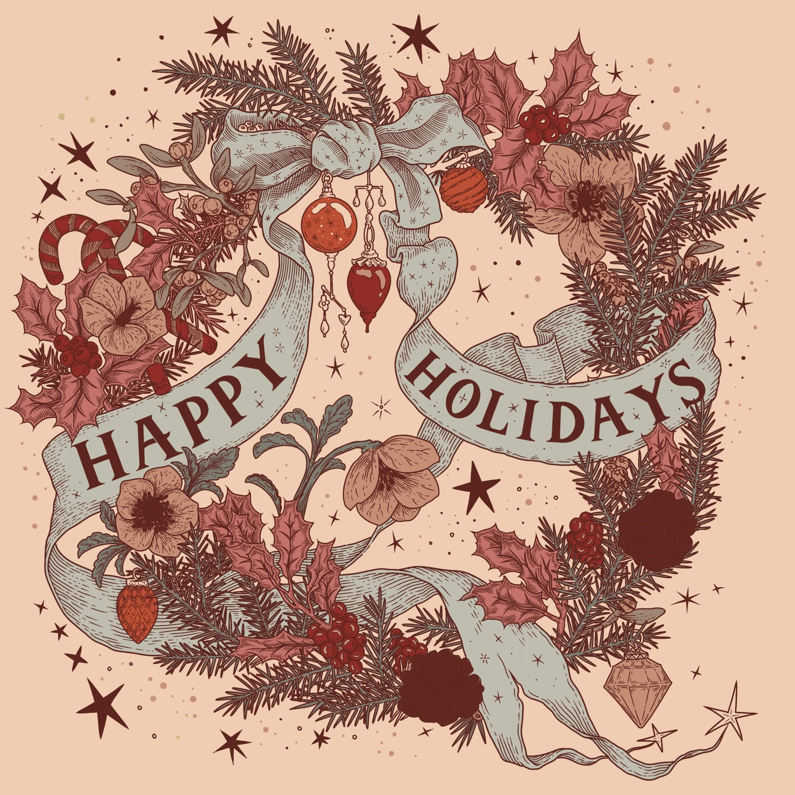 couronne de Noël illustrée avec ruban rose et baies