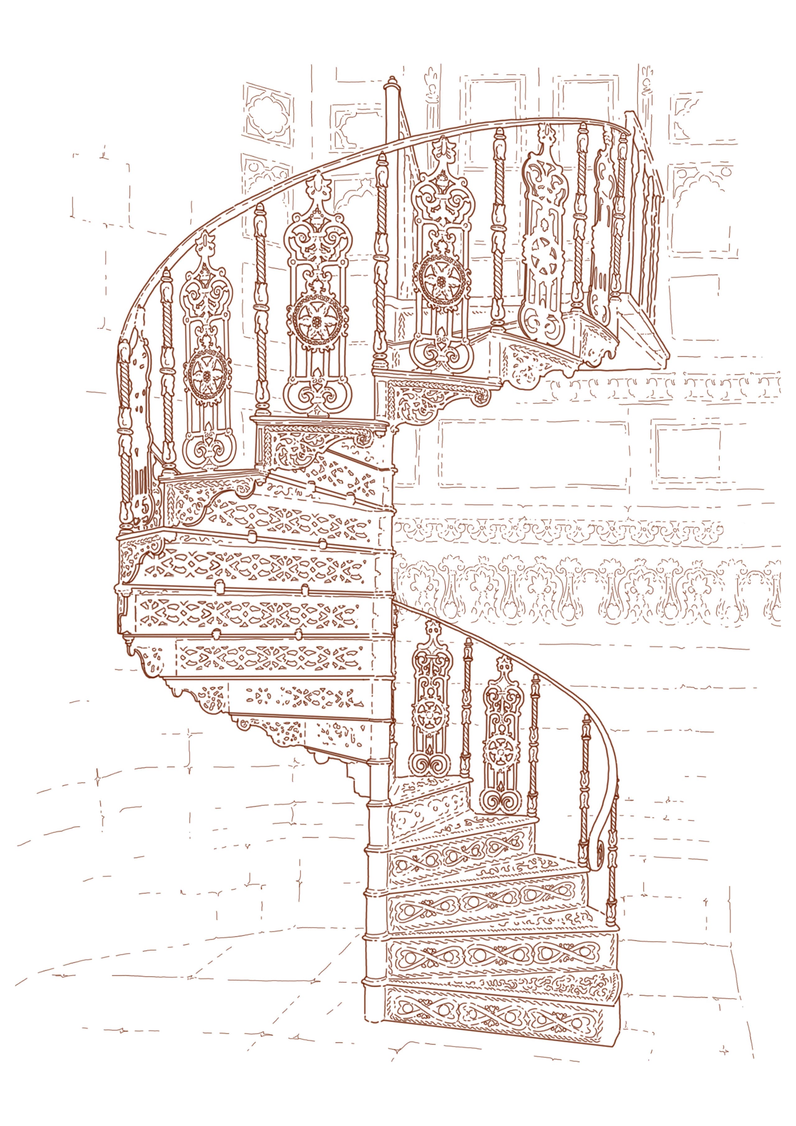 illustration architecturale d'un escalier en colimaçon à rampe ouvragée
