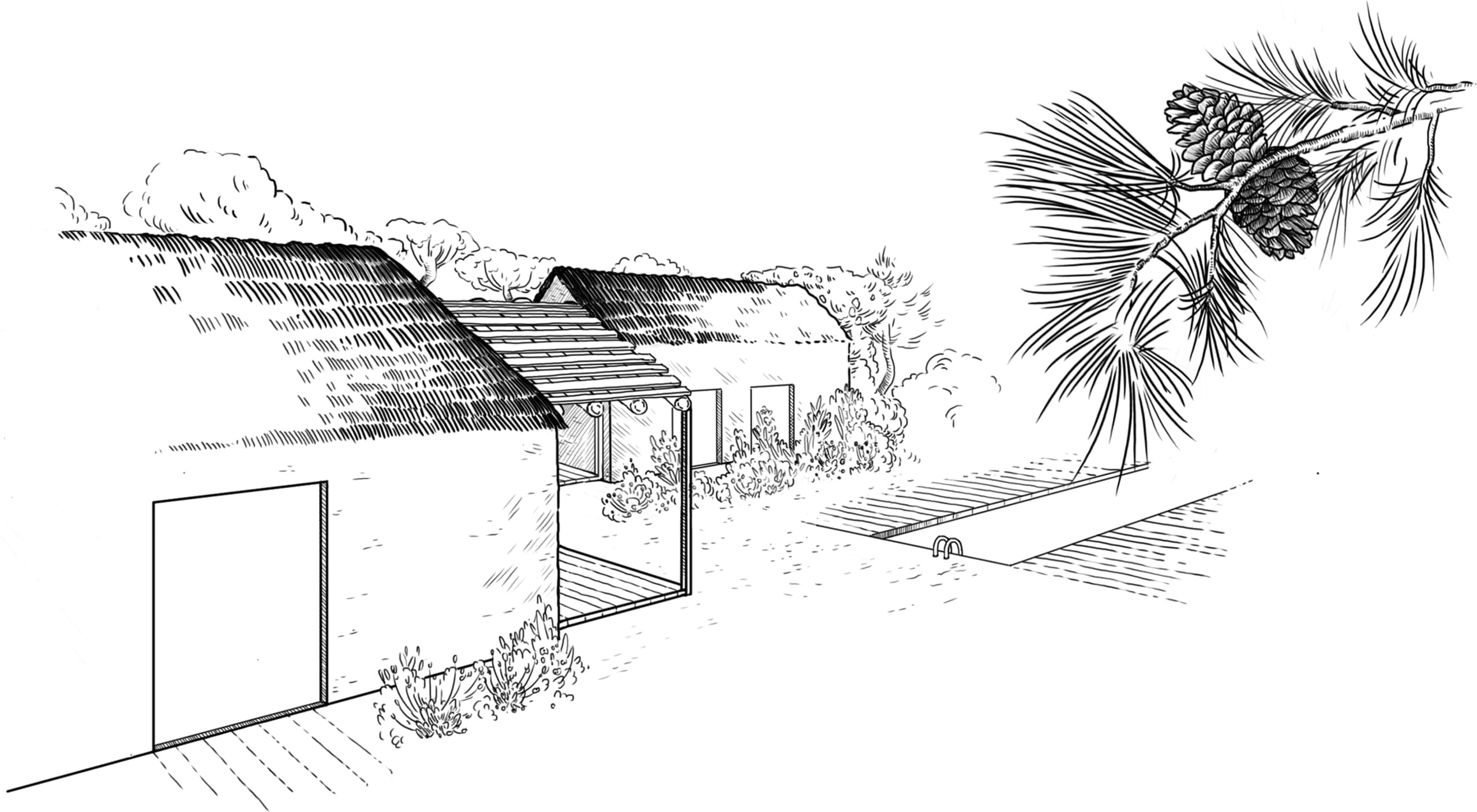 illustration au trait d'une façade de maison d'habitation