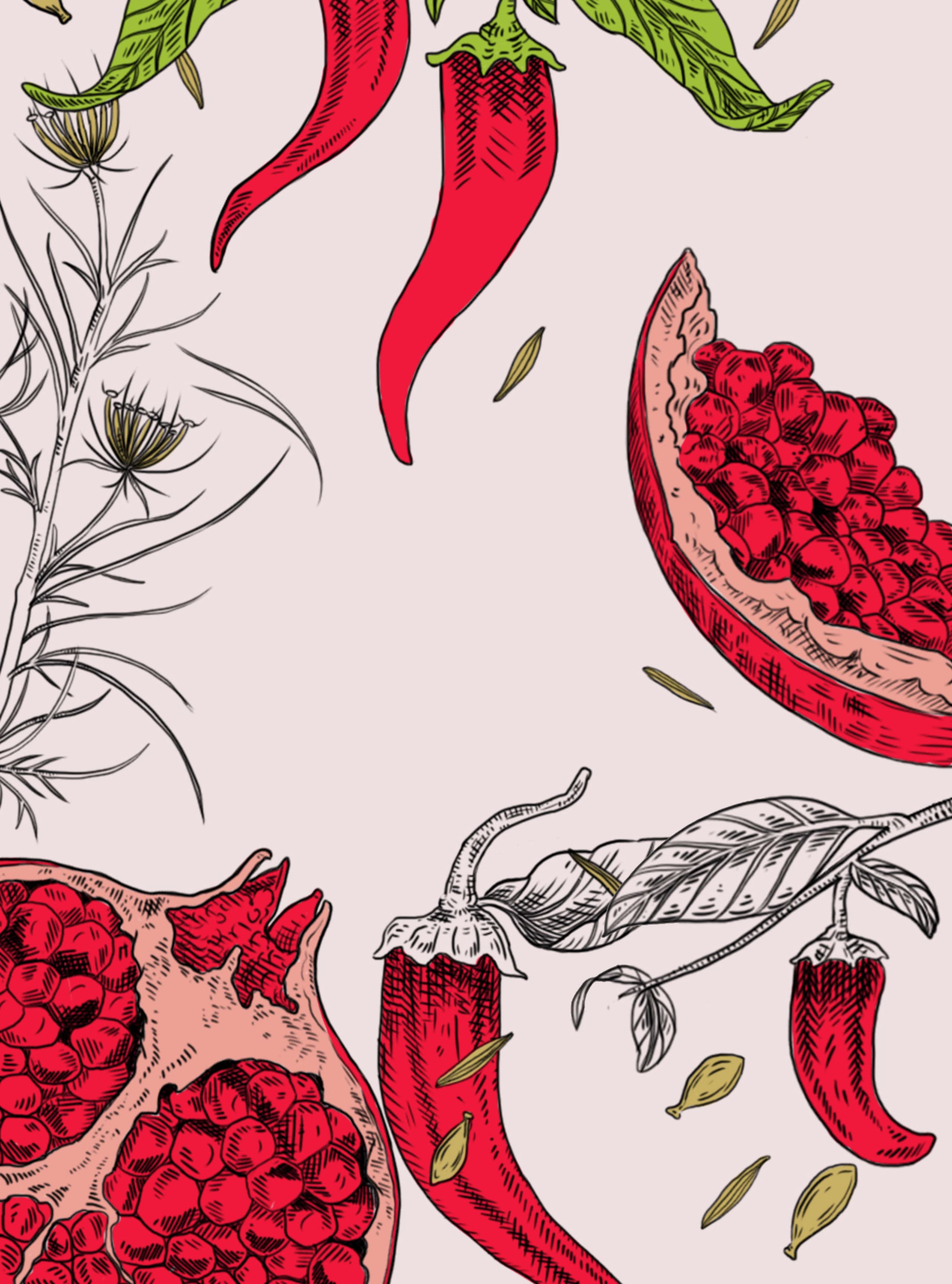 illustration botanique de grenades et feuilles sur fond rose
