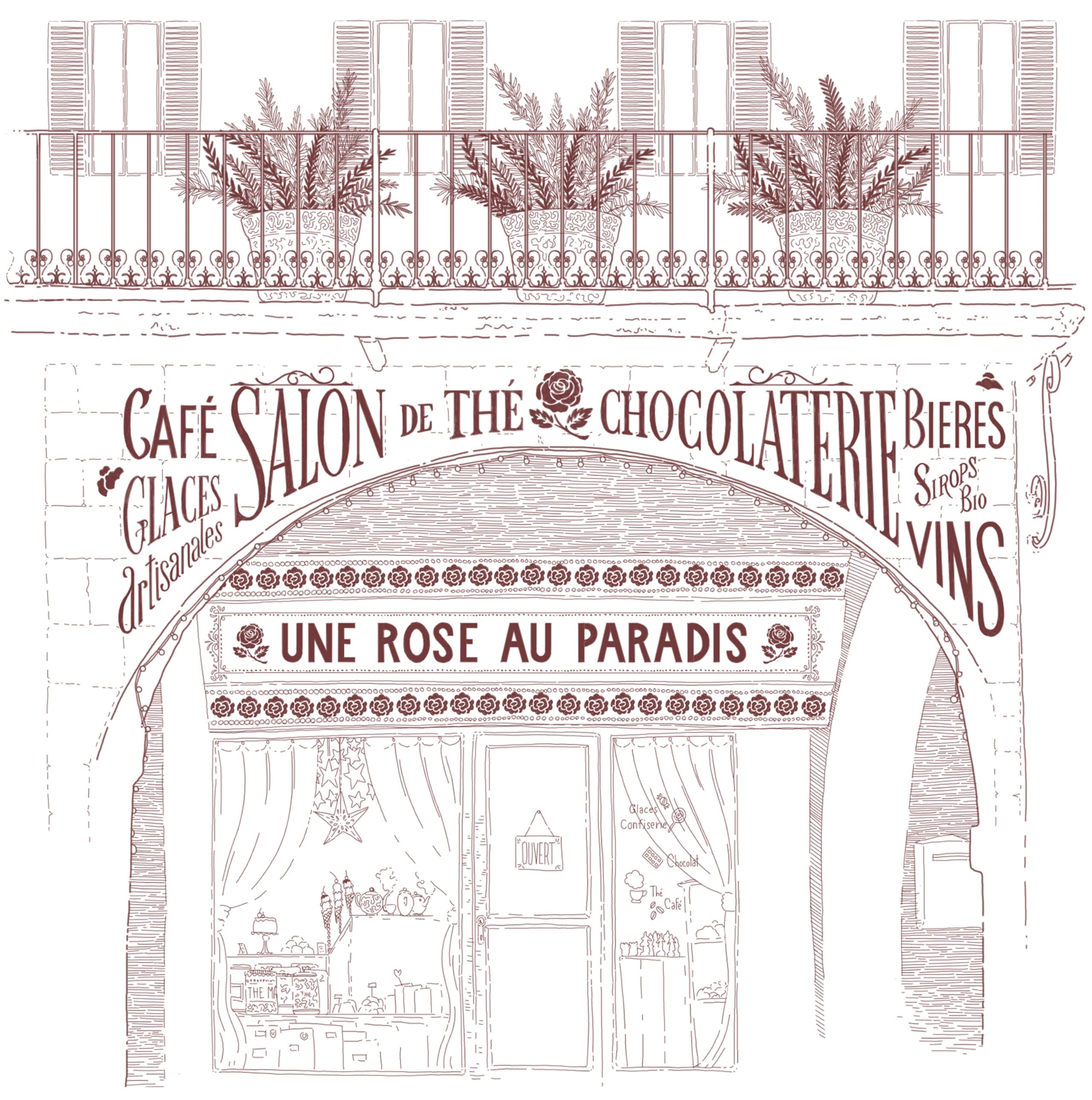 illustration architecturale de l'entrée et l'enseigne d'un salon de thé