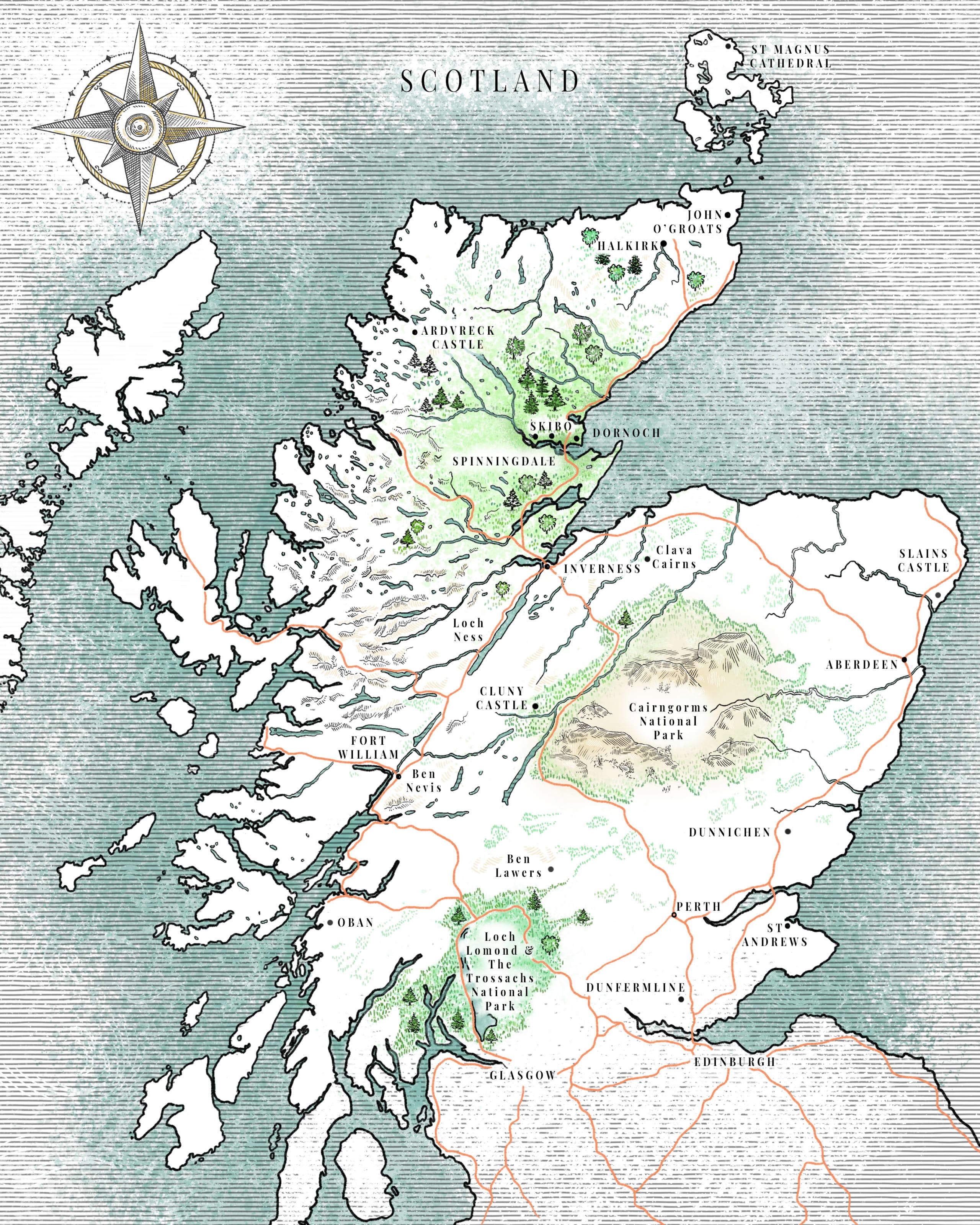 carte illustrée de l'Écosse avec rose des vents ornementale