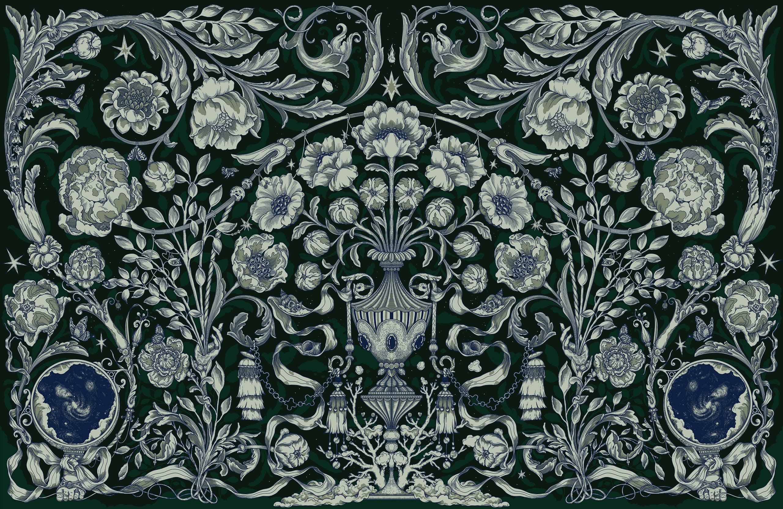 motif botanique, blanc et bleu sur fond noir