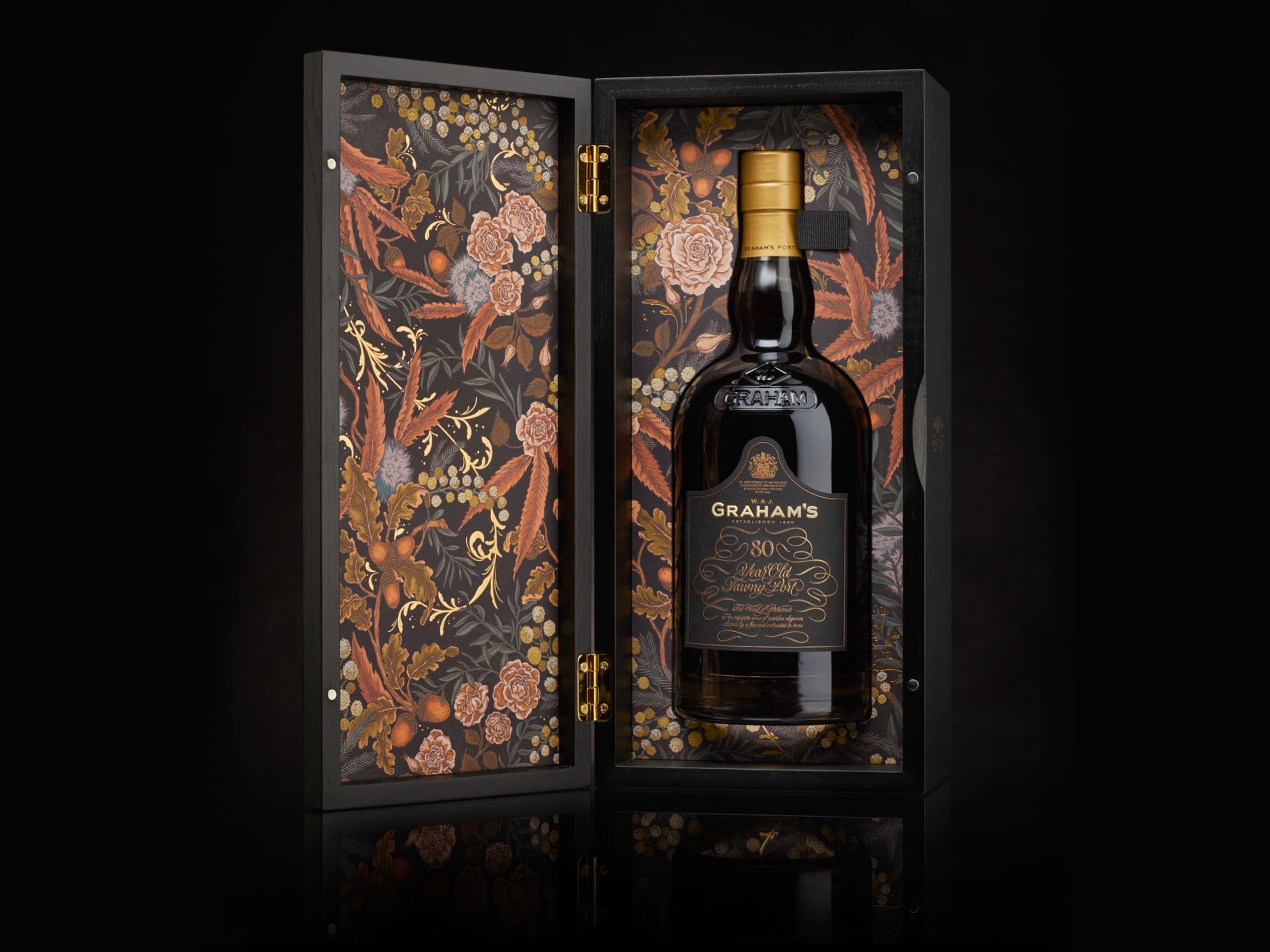 Illustration botanique en couleur pour le coffret Graham's Port 80 Year Old Tawny — illustration packaging spiritueux d'exception