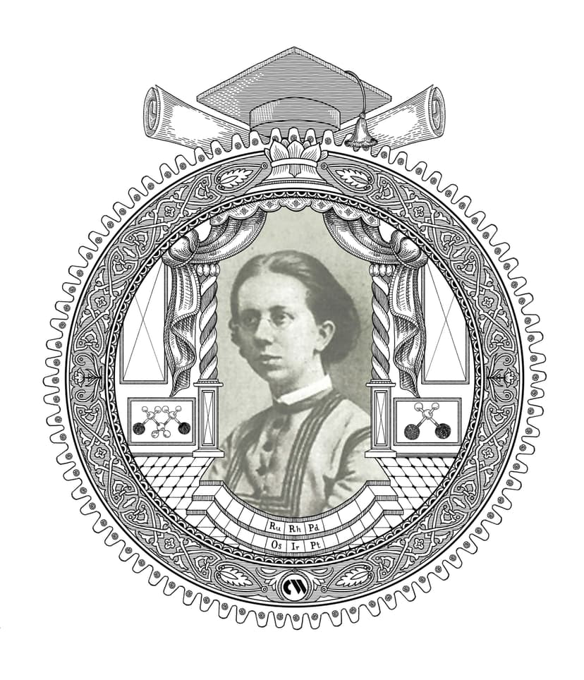 Portrait photographique de Julia Lermontova au centre d'un cadre ornemental gravé en noir et blanc ; la bordure intègre les symboles des métaux du platine qu'elle a étudiés — Ru, Rh, Pd, Os, Ir, Pt — et des structures moléculaires, surmontés d'une toque universitaire.