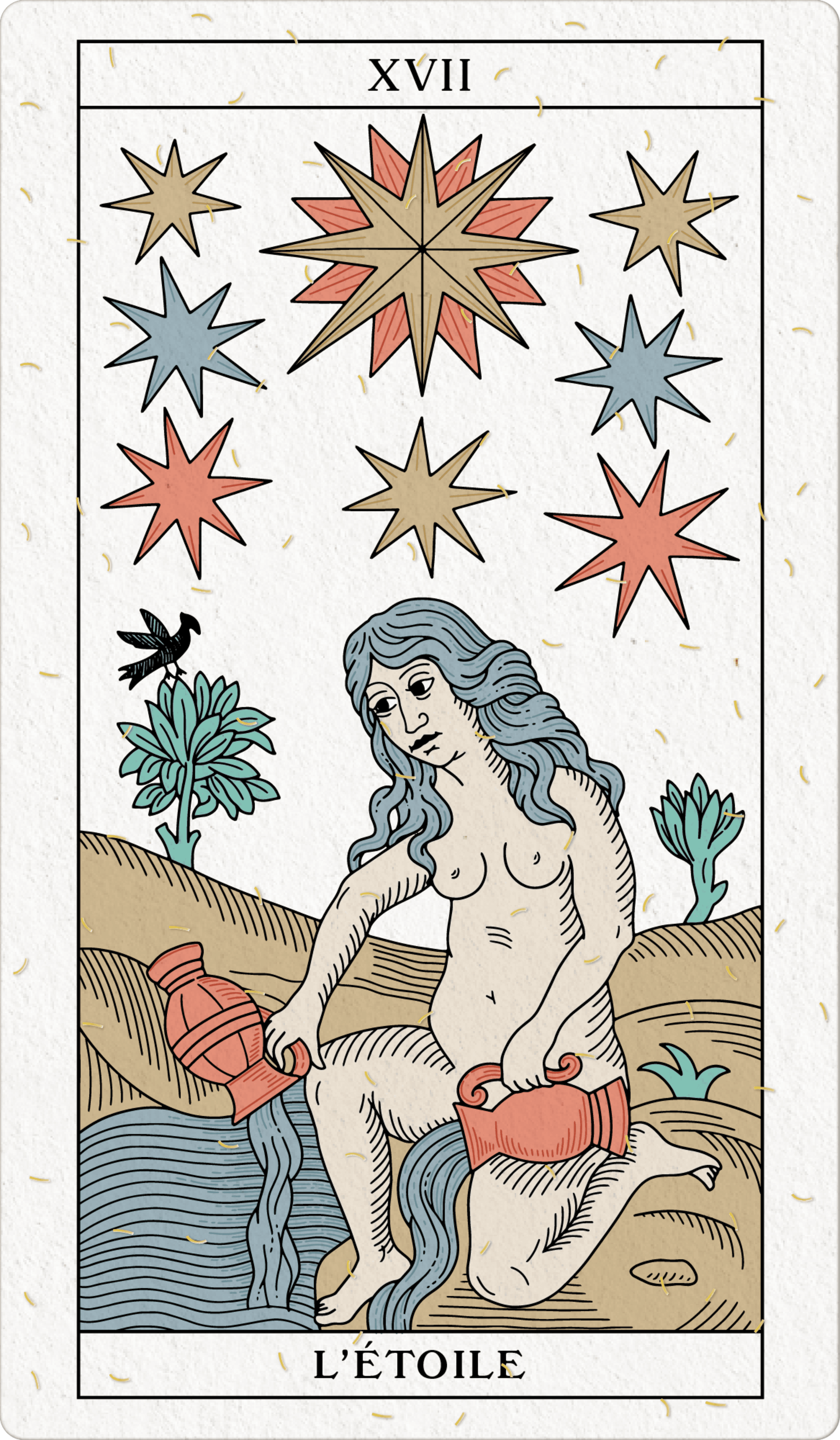 Carte de tarot XVII : figure nue assise versant l'eau de deux urnes, entourée de huit étoiles en rouge corail, bleu ardoise et beige sur fond crème avec traits d'or.