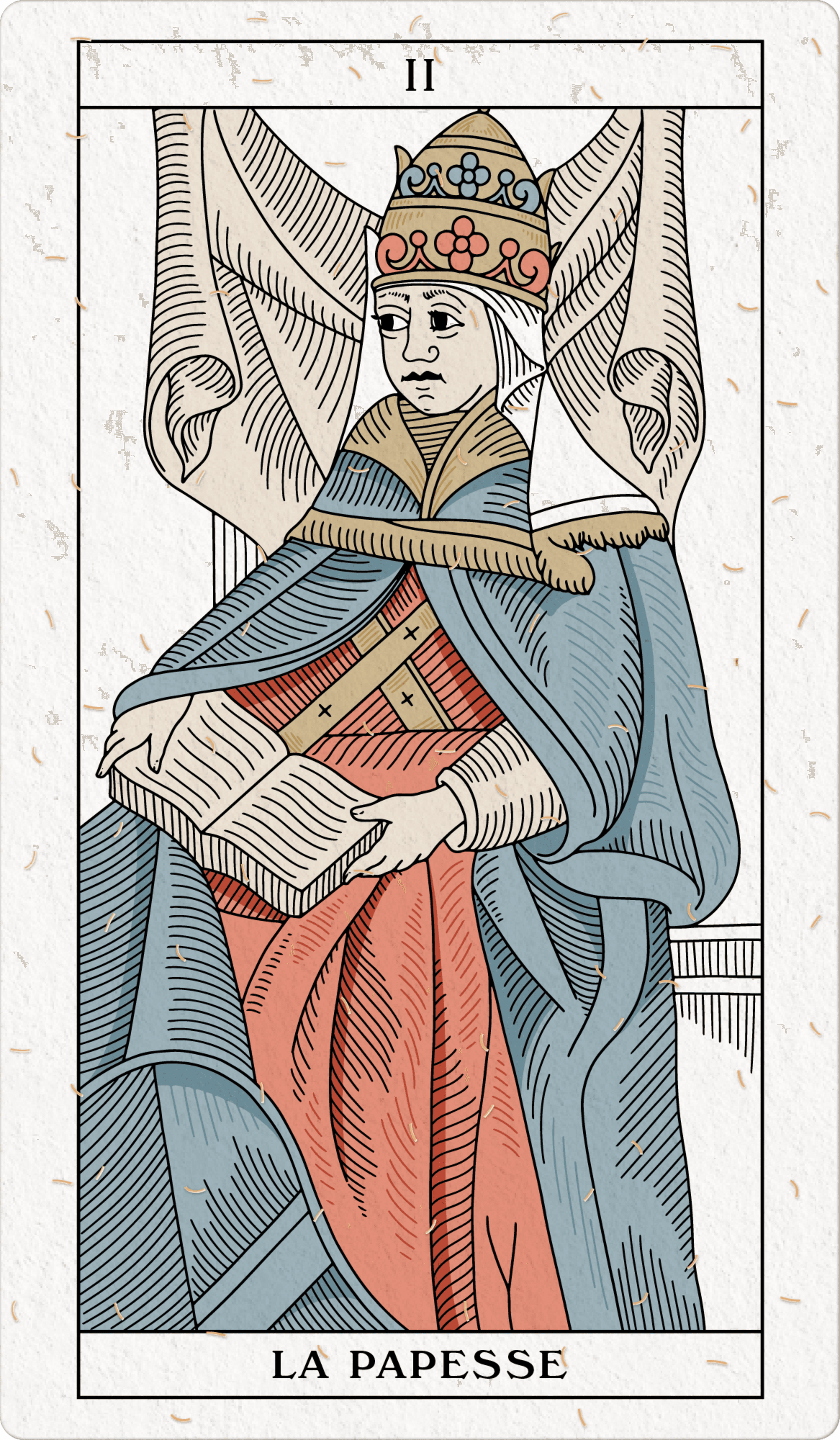 Seated figure in tiered crown holding open book, flanked by draped columns, rendered in crosshatching and flat colour.
