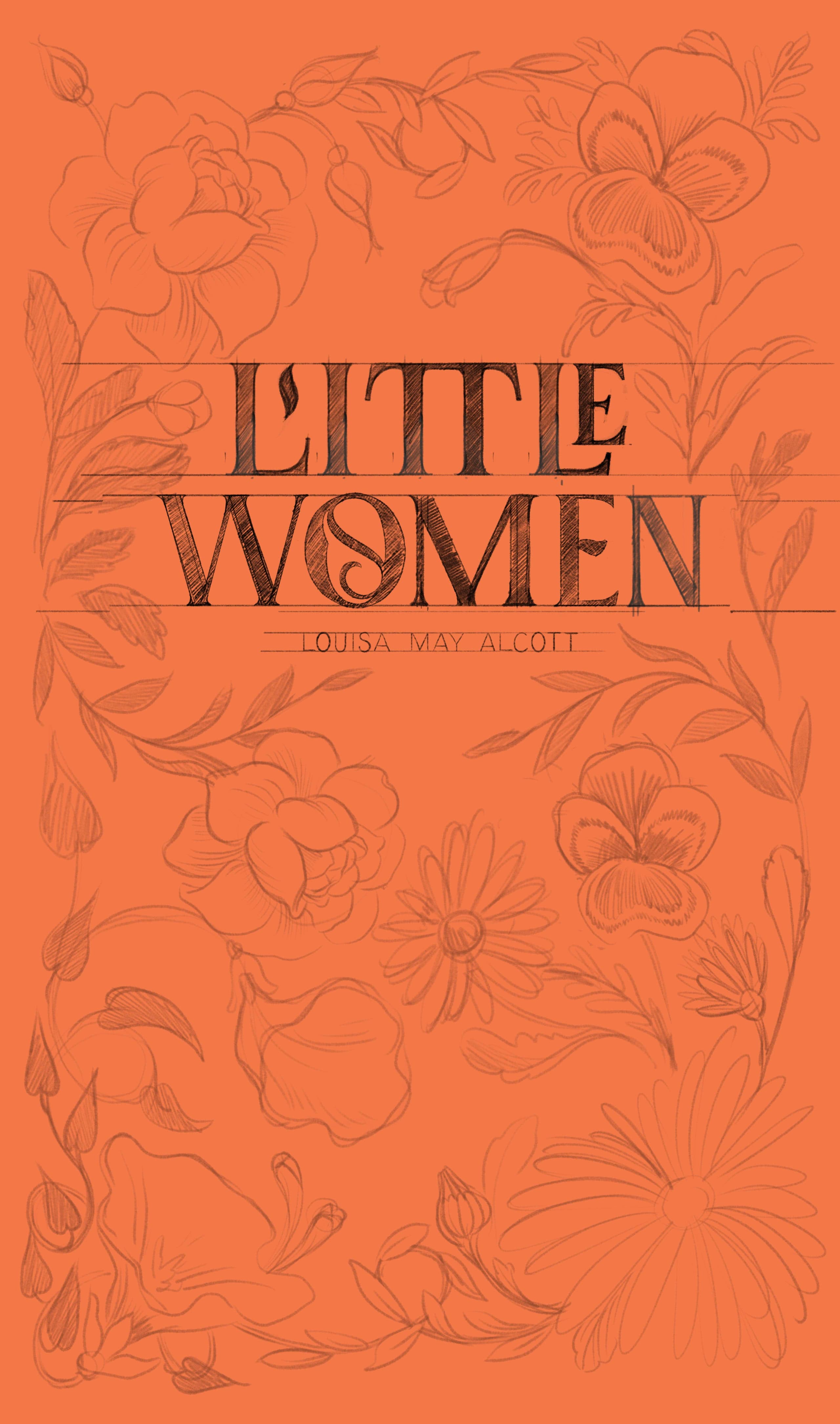 Couverture de livre orange chaud avec bordure botanique à trait fin de pivoines et de marguerites encadrant la typographie serif centrée lisant « LITTLE WOMEN » et « LOUISA MAY ALCOTT ».