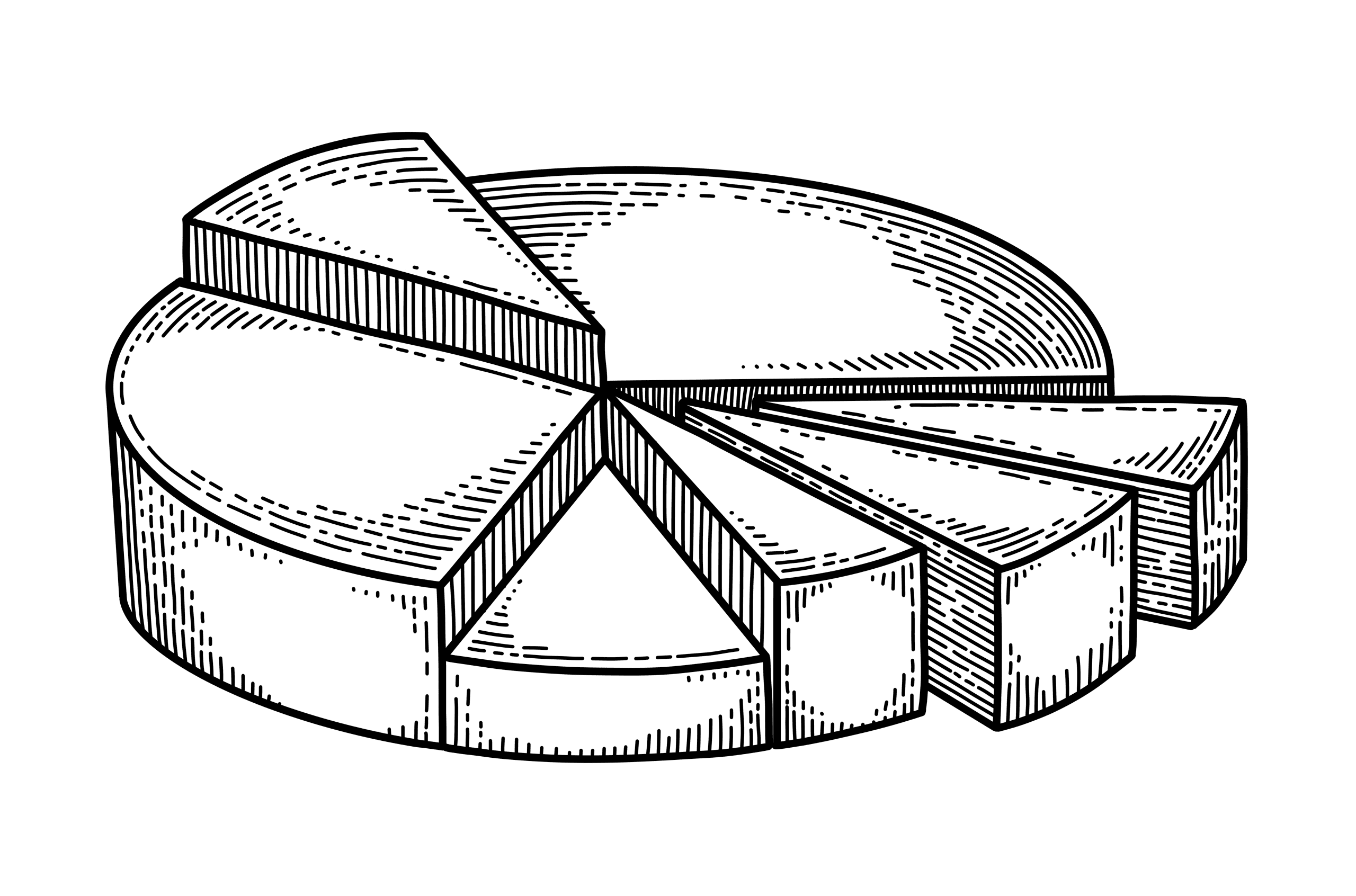 Gravure à l'encre noire d'un diagramme circulaire en trois dimensions composé de six parts, deux détachées de l'ensemble.