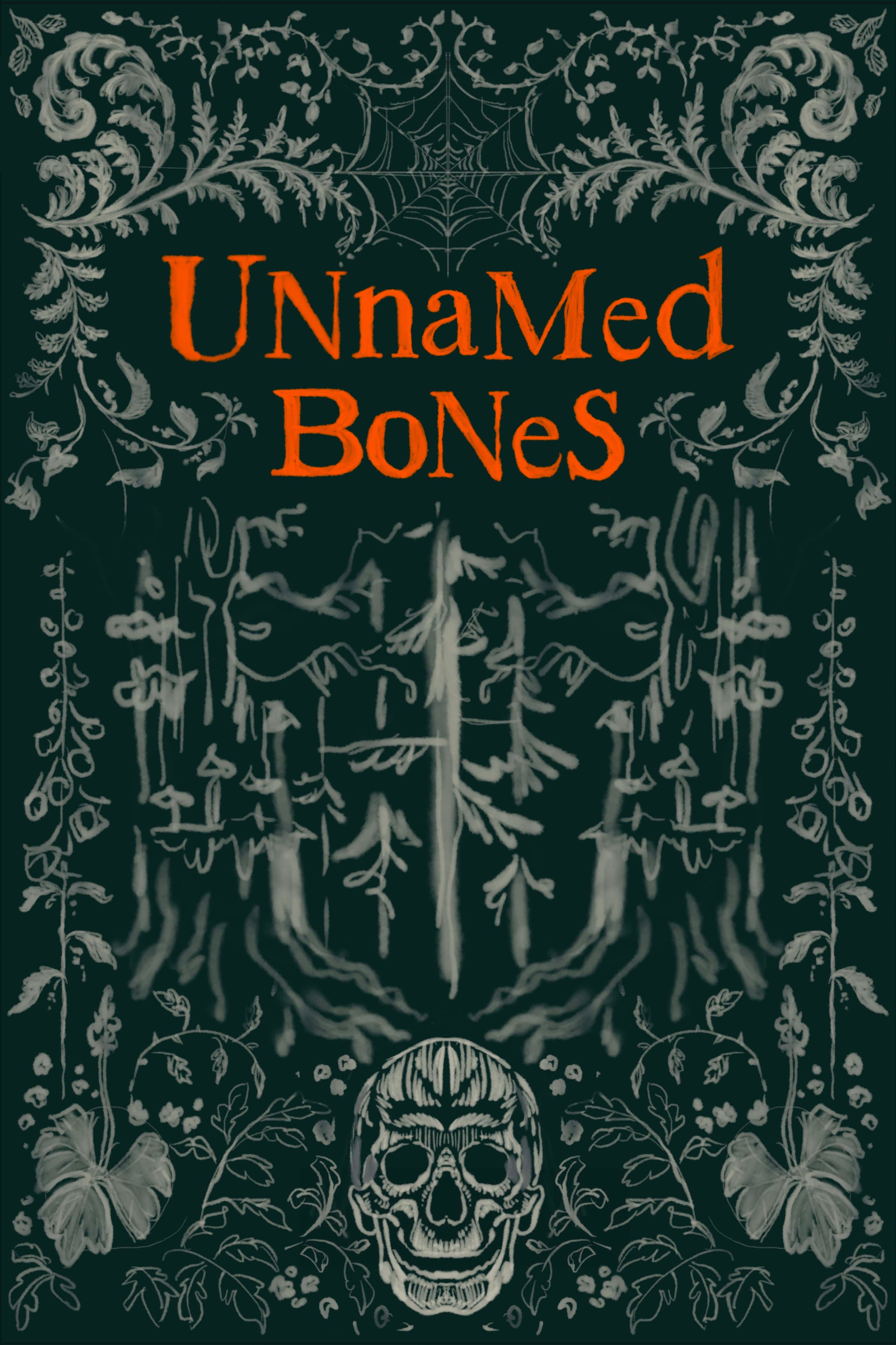 Couverture vert foncé avec bordures botaniques symétriques en fine line, crâne central à mâchoire allongée et mains griffues, texte de titre orange, fougères et plantes fleuries partout.