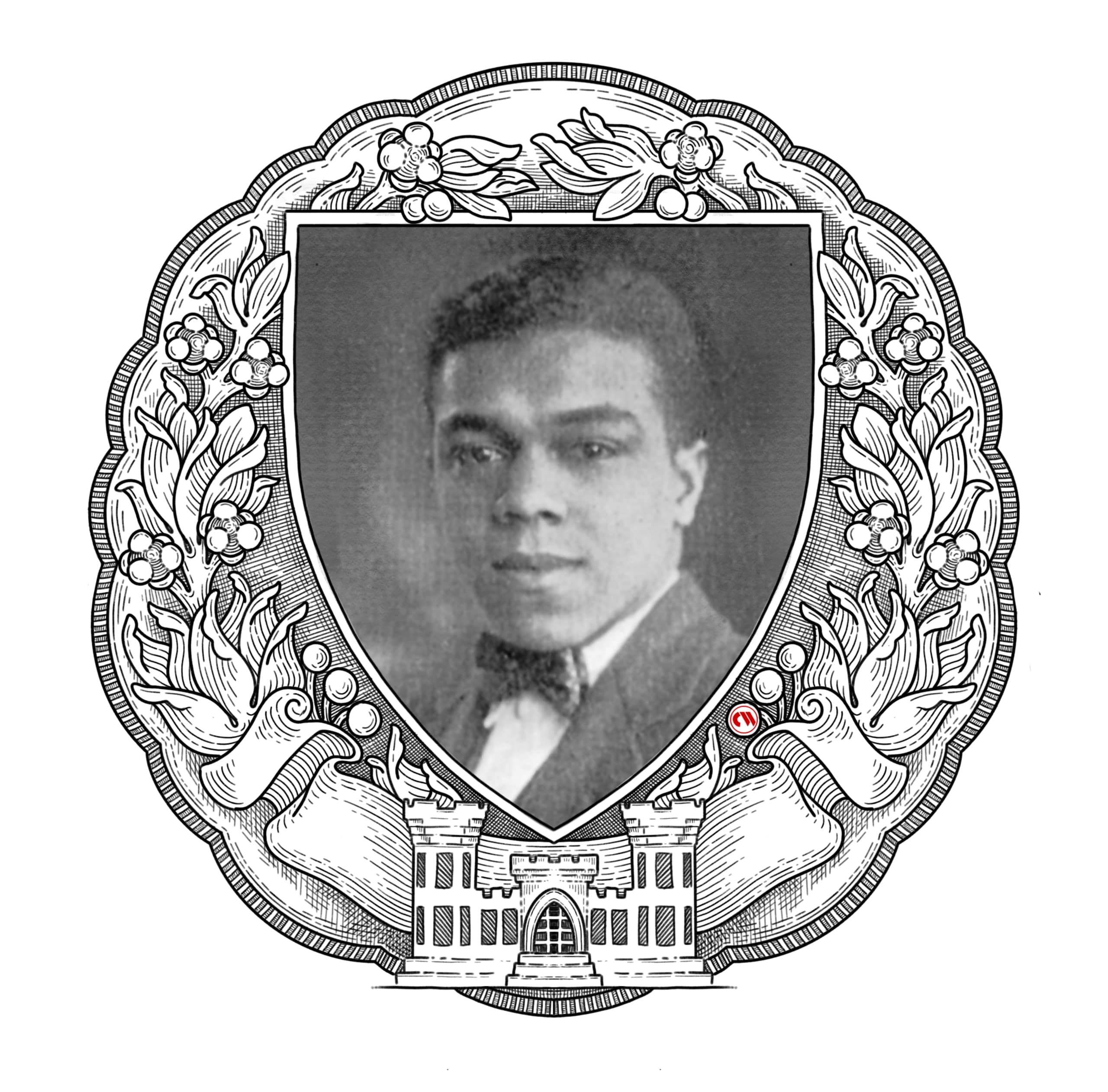 Cadre circulaire gravé à bordure festonnée, couronne botanique dense de feuilles et baies, écu central contenant le portrait photographique en nuances de gris d'un jeune homme en tenue formelle, bâtiment crénelé à la base.