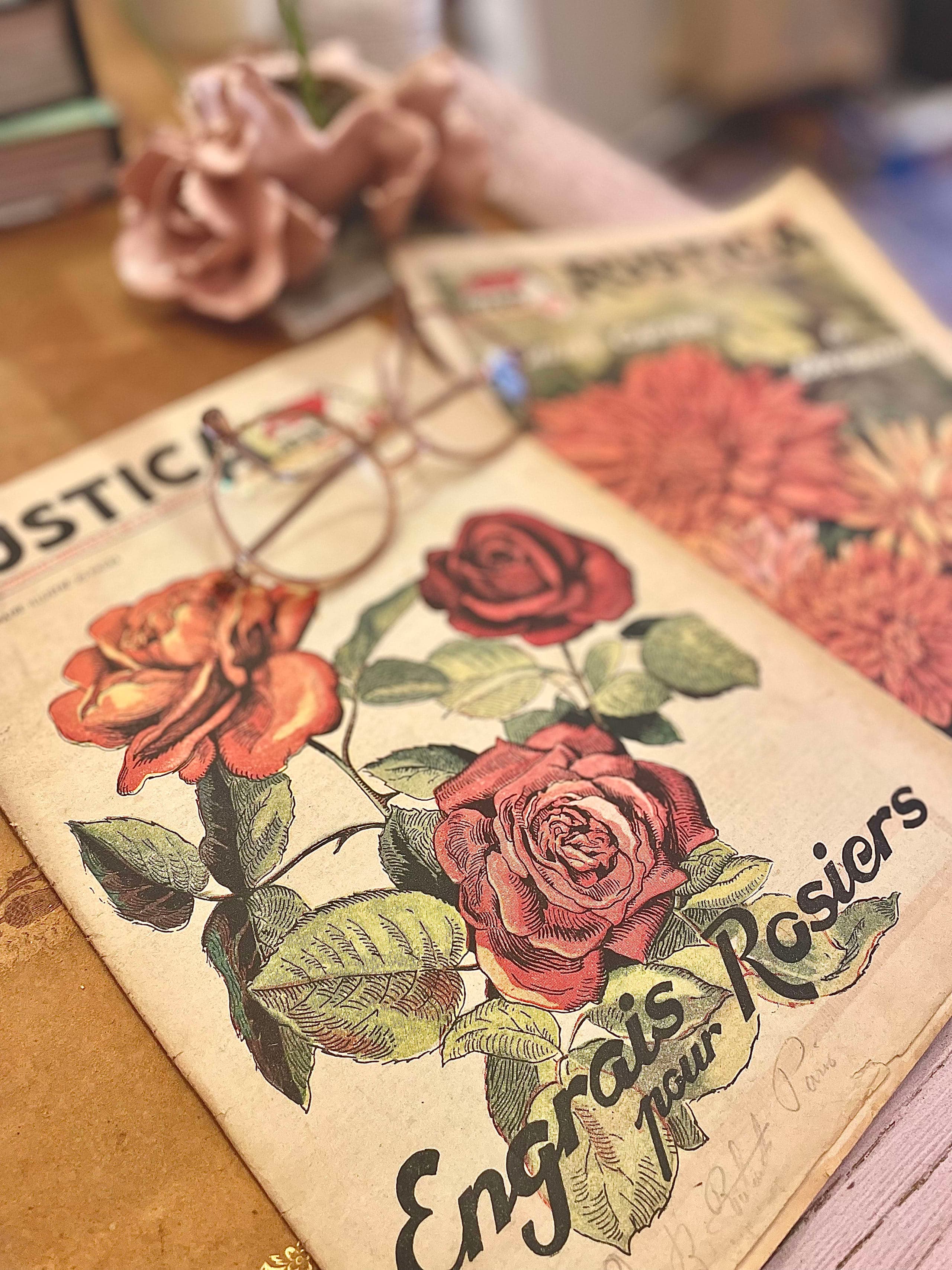 Détail de bureau avec lunettes posées sur un ouvrage botanique, ambiance studieuse