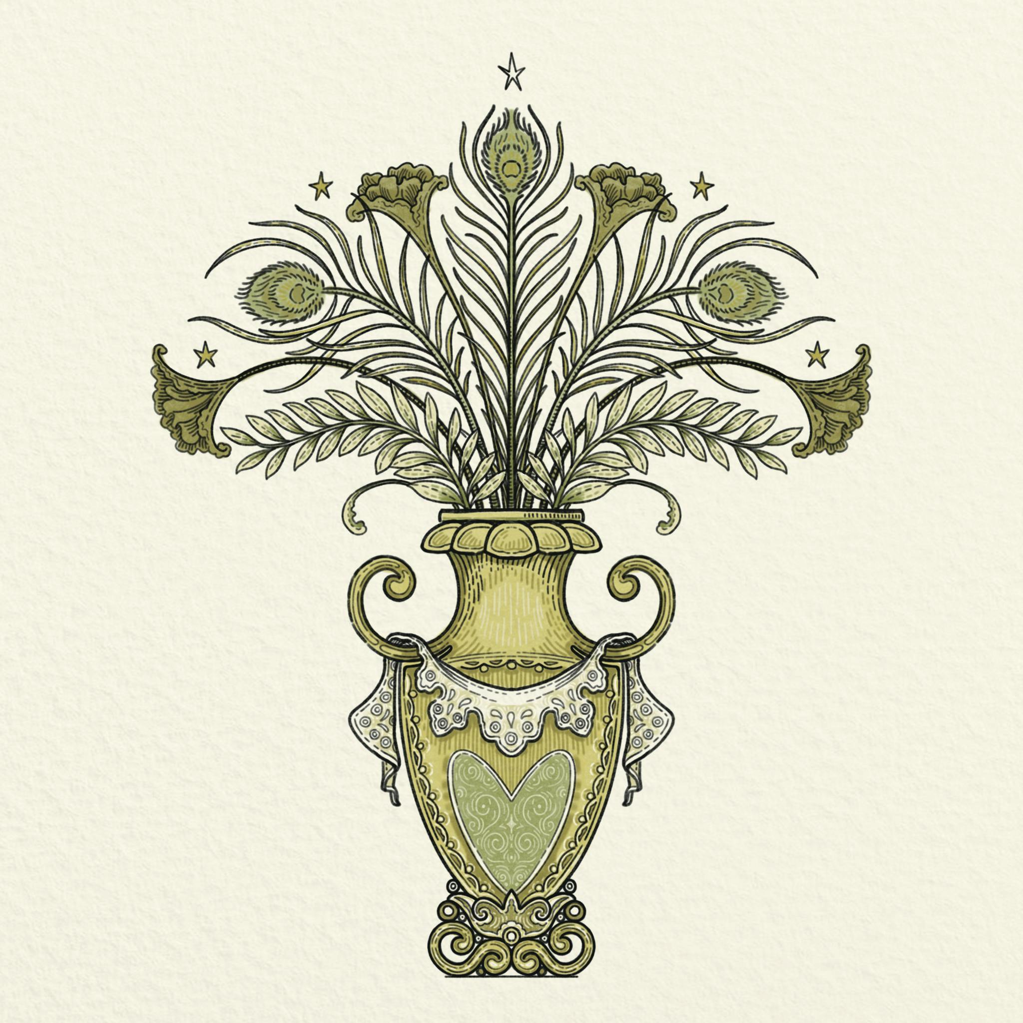 Illustration d'un bouquet de fleur dans un vase colorée en vert