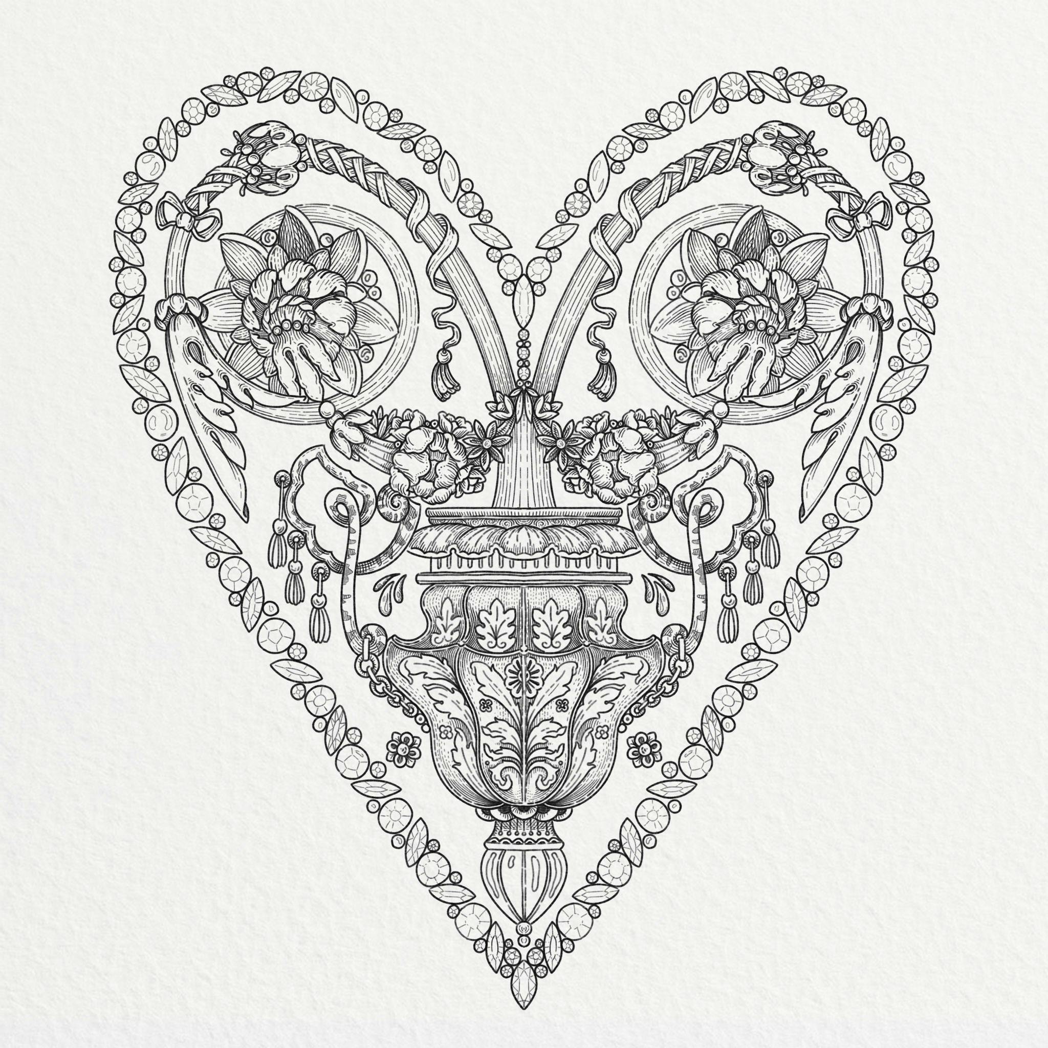 illustration de coeur ornementé avec des arabesques, des fleurs et des diamants