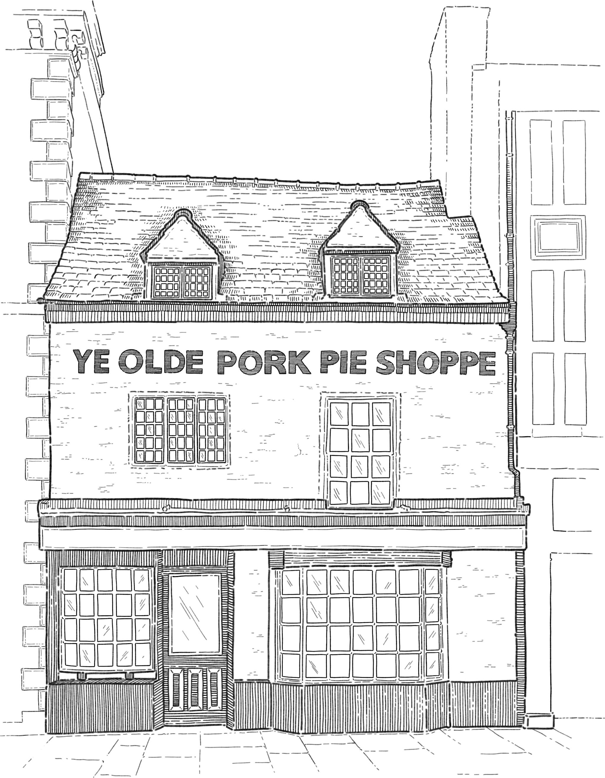 Illustration au trait noir sur fond blanc du batiment anglais amblématique Ye olde Pork Pie Shoppe.