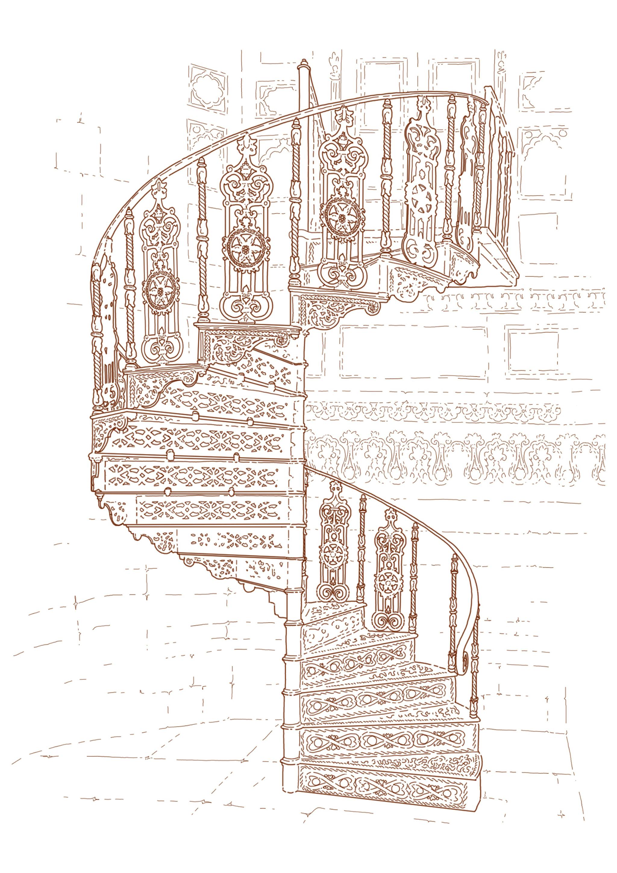 Illustration au trait ocre sur fond blanc d'un escalier en colimasson trés ornementé.