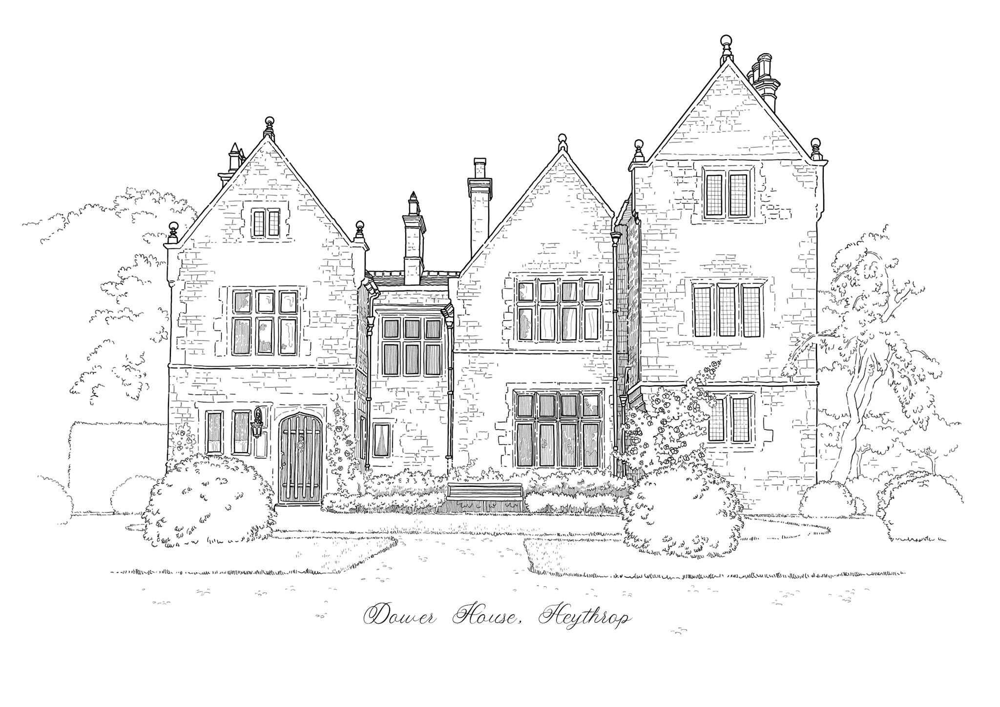 Illustration au trait noir sur fond blanc du manoir anglais Dower house à Heythrop. On y voit de la végétation et le batiment au centre.