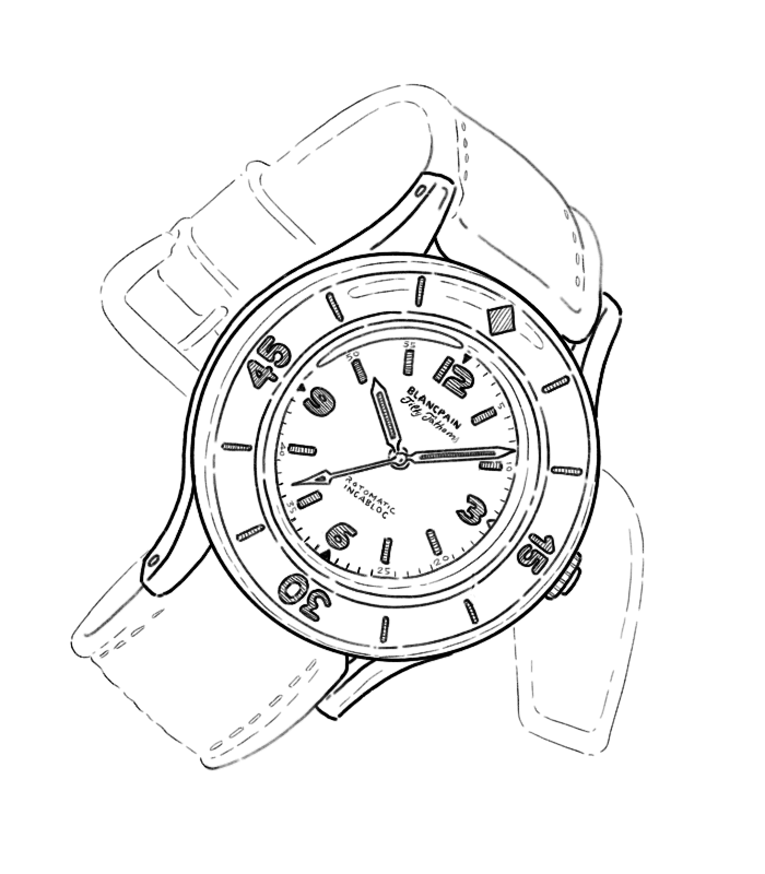 illustration en noir et blanc au trait d'une montre Fifty Fathoms de Blancpain.