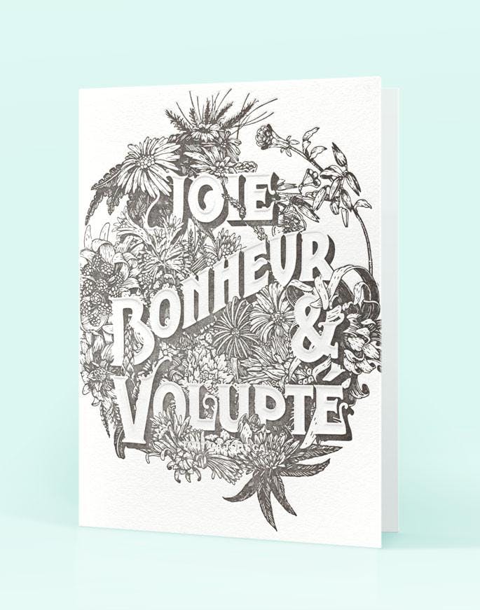 Carte en letterpress Joie Bonheur et Volupté  