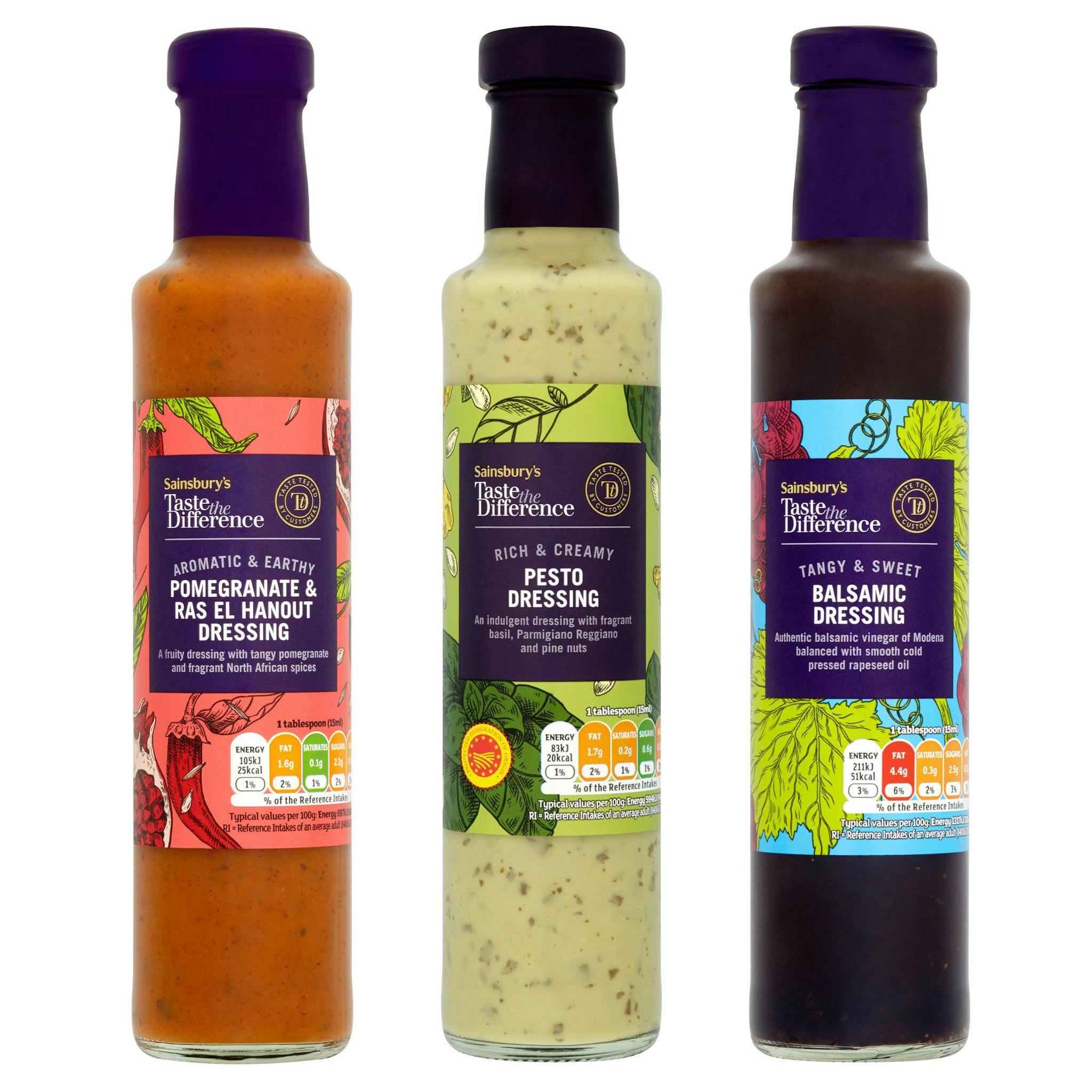 Trois bouteilles illustrées et colorées de sauce salade "Taste the Difference" 