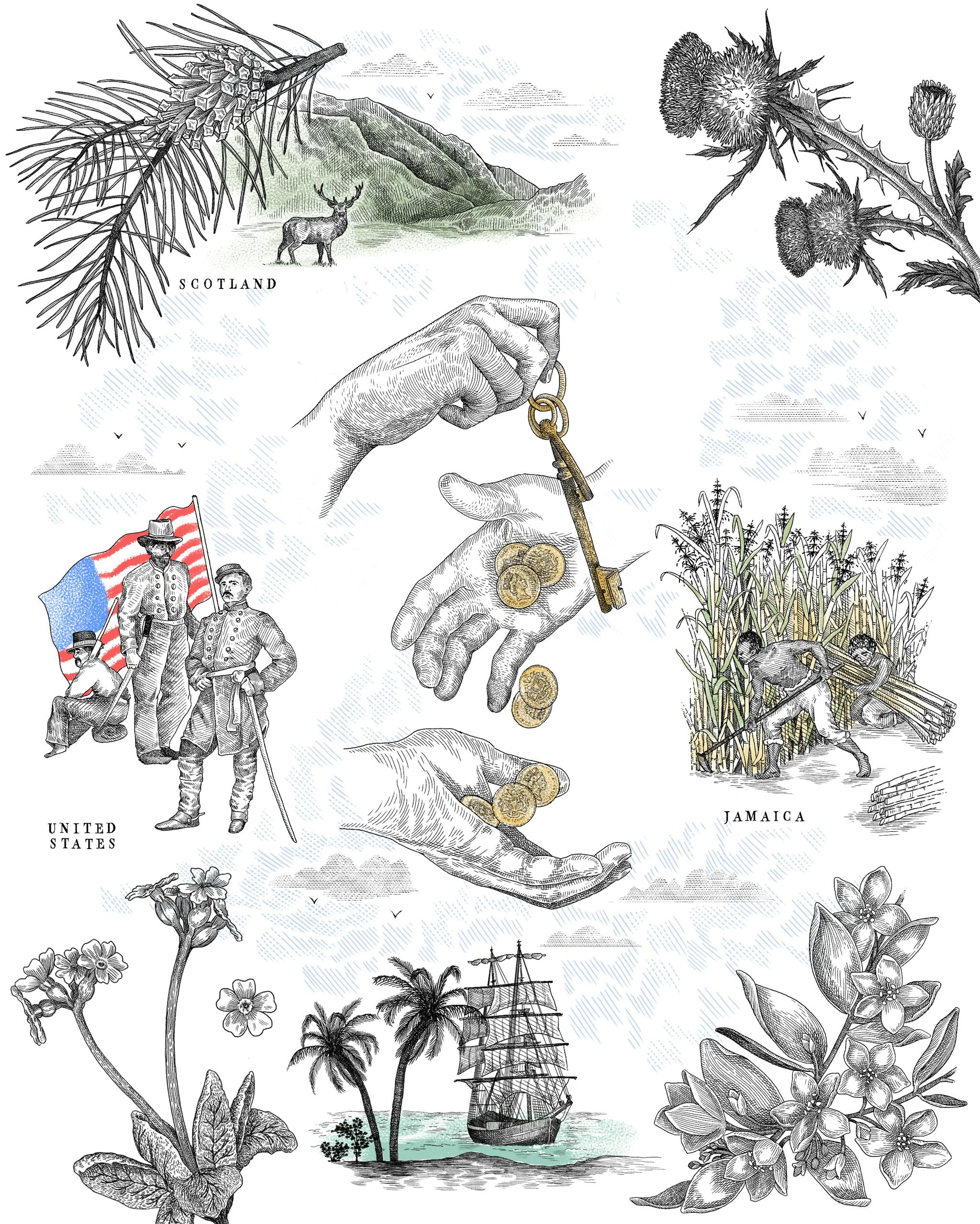 Composition de différentes illustrations en rapport avec le chateau de Skibo